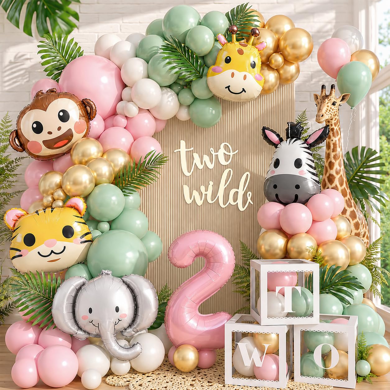 Photo 1 of SNLN Two Wild Birthday Decorations Jungle Theme 2nd Birthday Decorations for Girl Huge Jungle Safari Animal Foil Balloons Pink Sage Green Balloon Arch Number 2 Balloon Leaf Box 2nd Decoration for Girl