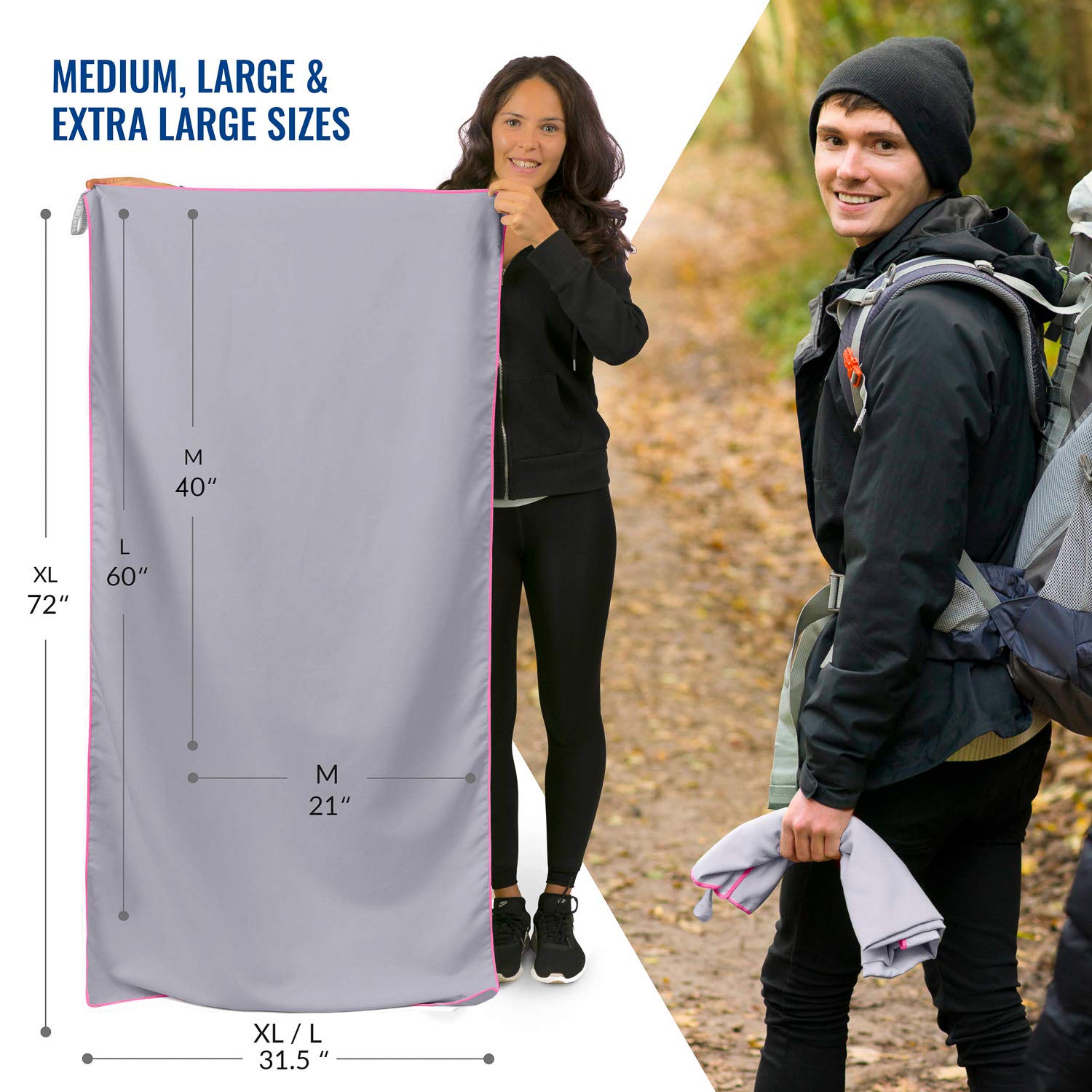 VENTURE 4TH Asciugamano da viaggio in microfibra, asciugamano sportivo: asciugamano ad asciugatura rapida per palestra, spiaggia, campeggio, zaino in spalla, nuoto, lunghezza 1,8 m (grigio-rosa, XL)
