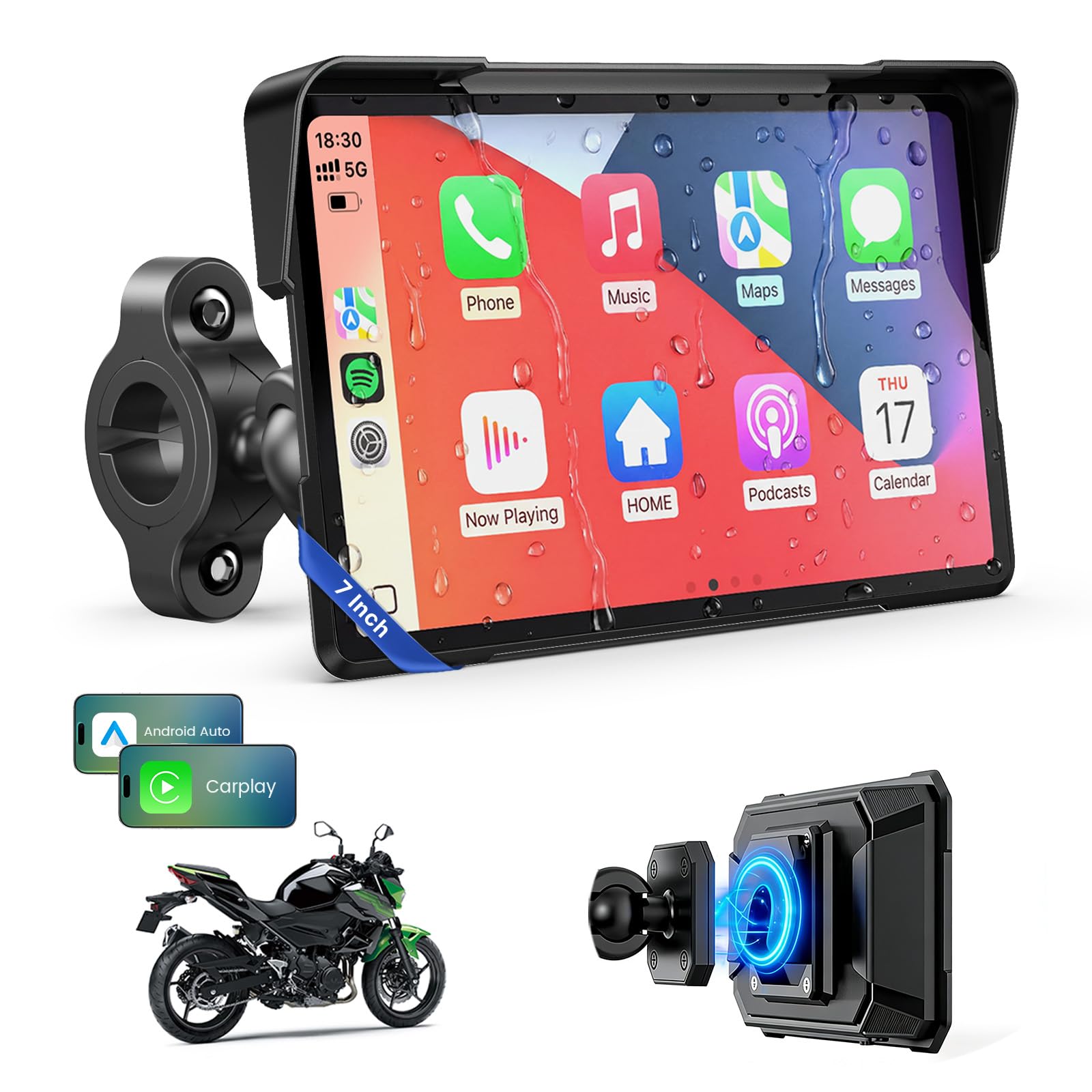 WonVon 7 Pulgadas CarPlay para Motocicleta Sistema de Navegación GPS con Apple CarPlay y Android Auto Pantalla Portátil con Doble Bluetooth, Navegación, Siri, Asistente de Google Soporte magnética