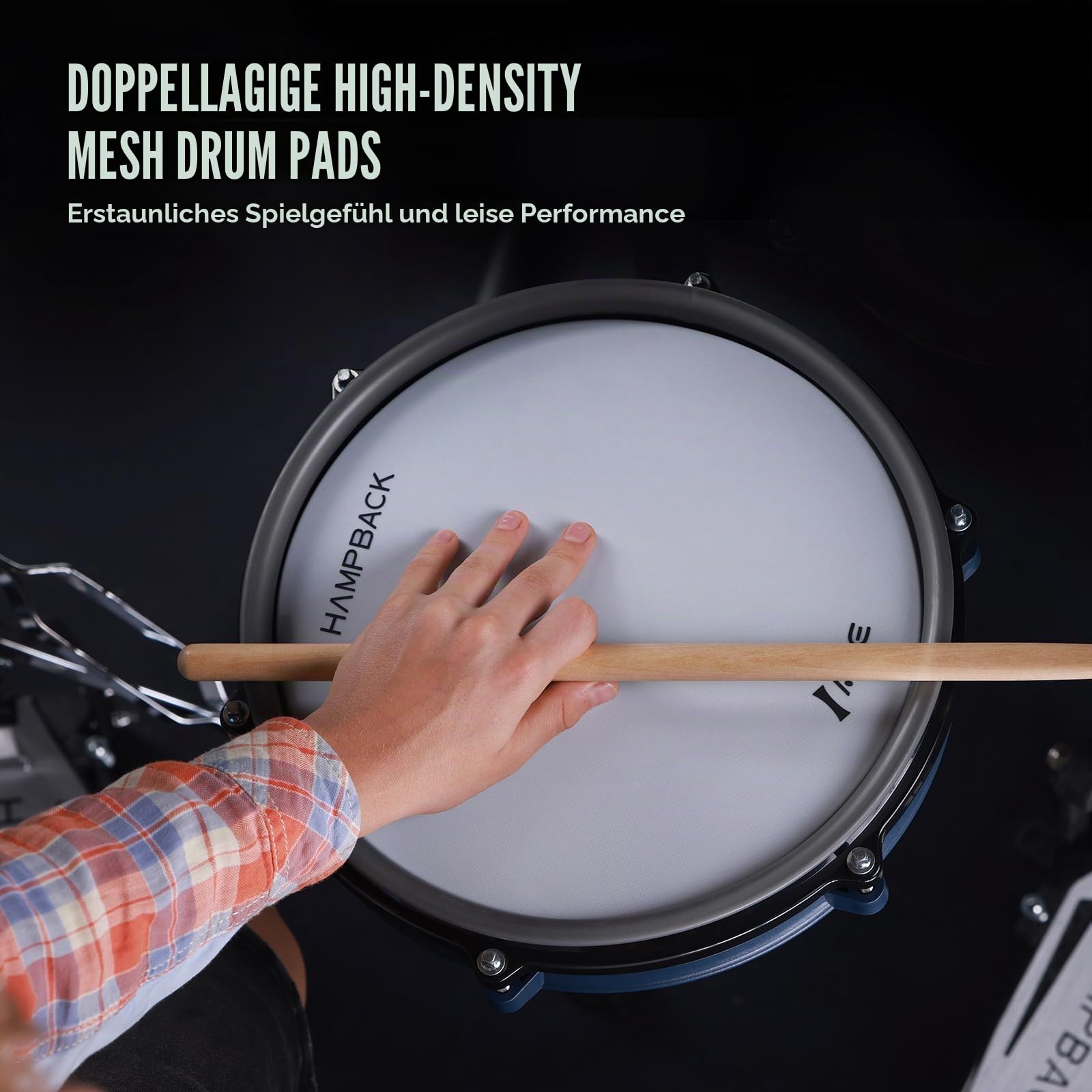 HAMPBACK ACE-360 Elektrisches Schlagzeug-Set mit 4 Quite Mesh Elektronischen Pads, 5 Zoll Kickdrum 12 Kits und 68 Authentische Sounds, USB MIDI, Thron, Sticks, Kopfhörer, 2 Switch Pedale für Anfänger