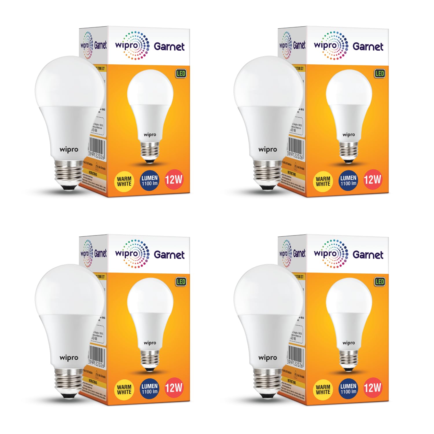 wipro Garnet Base E27 12-Watt LED Bulb (Pack of 4, Yellow)