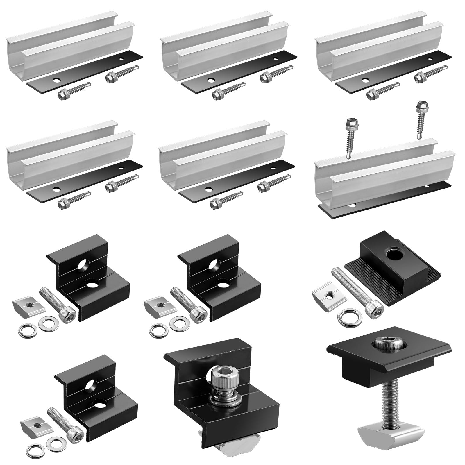 GETLITOOL Set Guide Morsetti Regolabili per Pannello Solare 30-35 mm, 6 Binari 120x25mm, 4 Morsetti Terminali, 2 Staffe Centrali