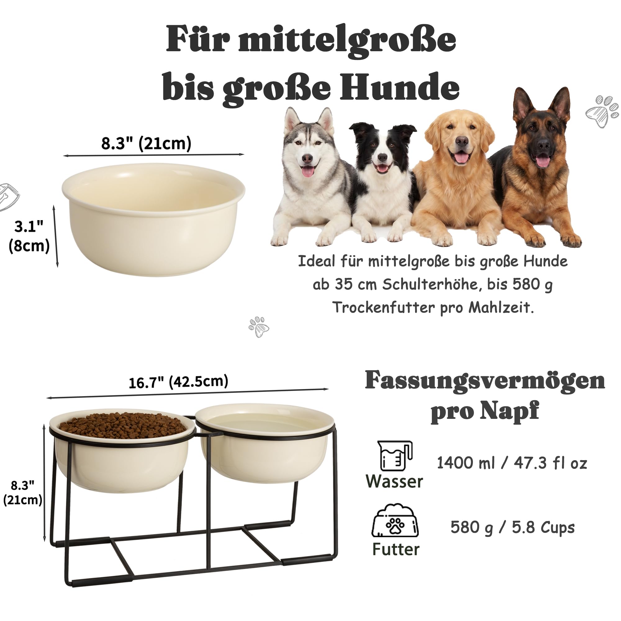 Hundenapf Set Erhöht Hundenäpfe Keramik - Doppel Fressnapf Hund Groß mit Rutschfestem Metallständer - Hunde Napfset für Futter Wasser - Ideal für Mittelgroße und Große Hunde - 2 x 1400 ml - Beige
