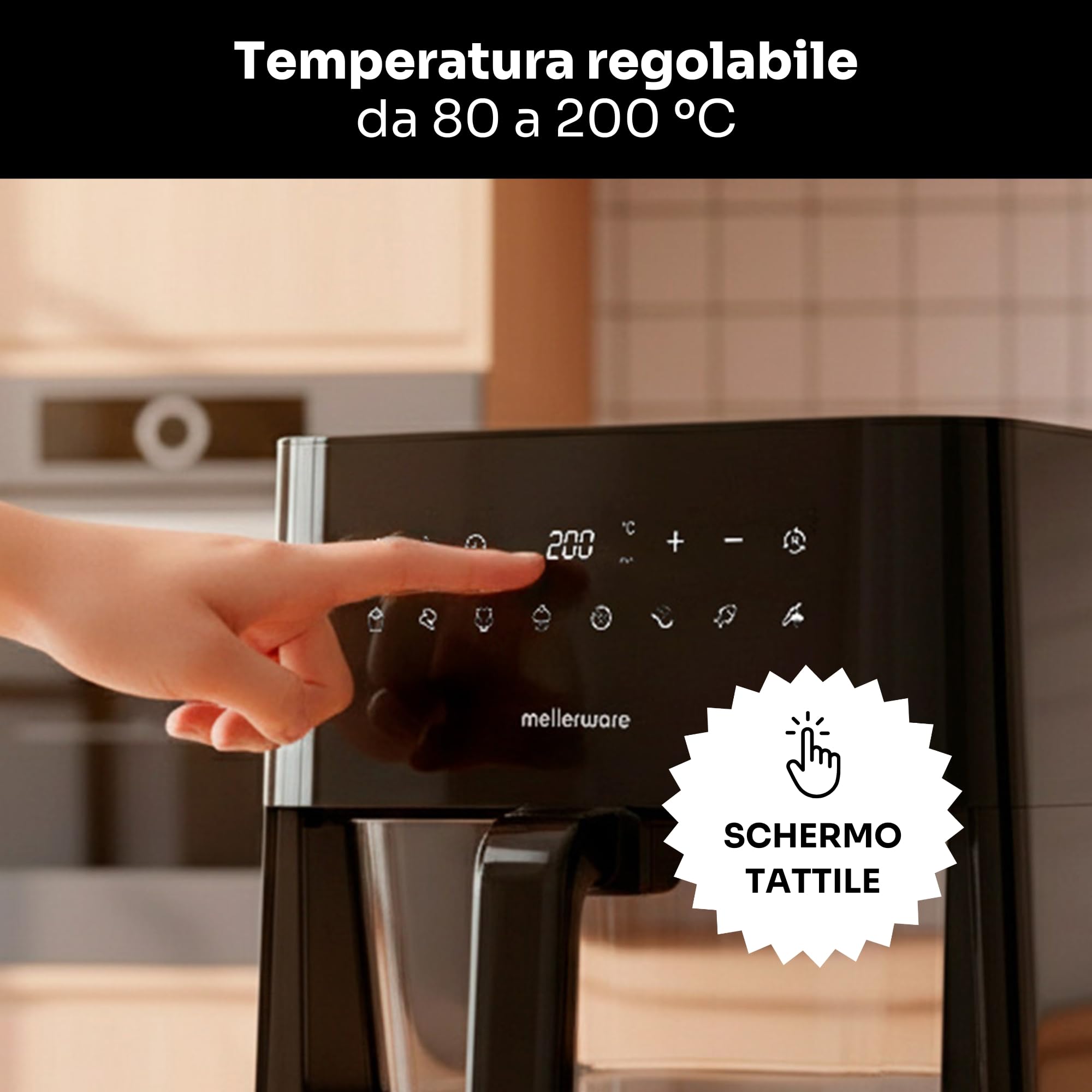 MELLERWARE - Friggitrice ad aria 1450 W | Cestello vetro 4,5 L | 9 programmi + preriscaldamento | Schermo tattile | Temp 80-200 °C | Timer 60 min | Lavabile in lavastoviglie