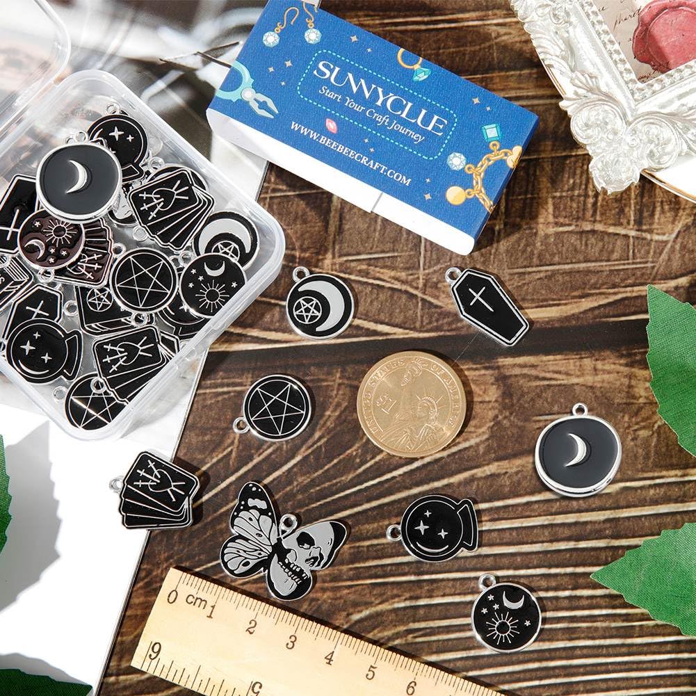 SUNNYCLUE 1 Box 32Pcs 8 Styles Black Halloween Charms Magic Charms Bulk Butterfly Coffin Alloy Holiday Moth Cross for jewellery Making Findings Necklace Earring Women Adults Craft - Image 3