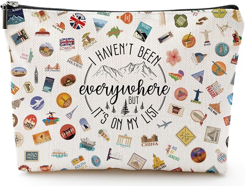 Necessaire de viagem XYZONE com zíper, estampa World Travel e material tipo canvas