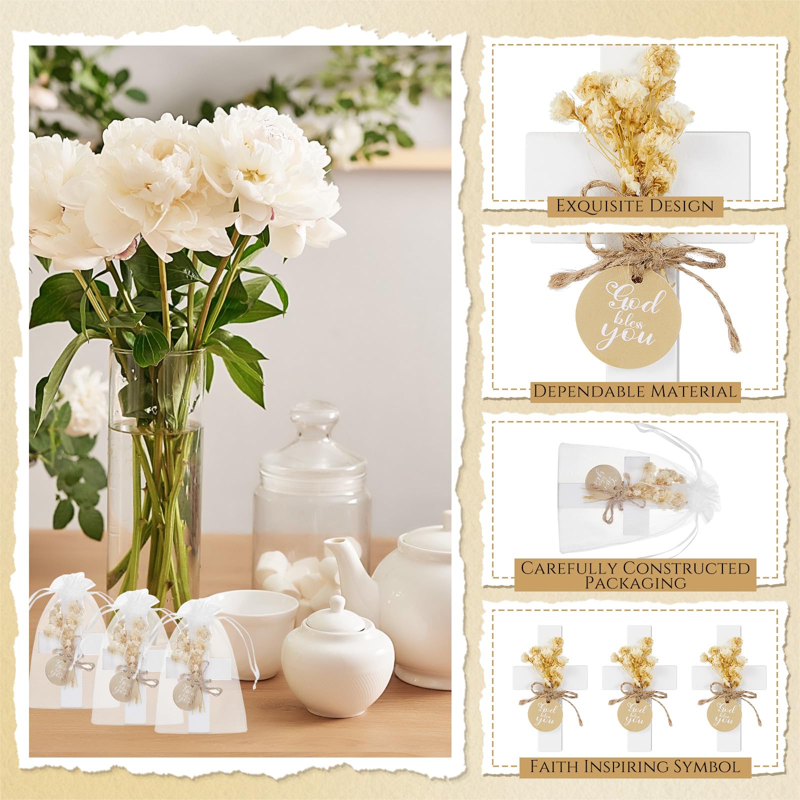 Flutesan 36 Sets Taufgeschenke für Gäste, Erstkommunion, Holz-Kreuzmagnete mit Blume und Tasche, für Taufe, Party, Familientreffen, Babyparty, Taufgeschenk