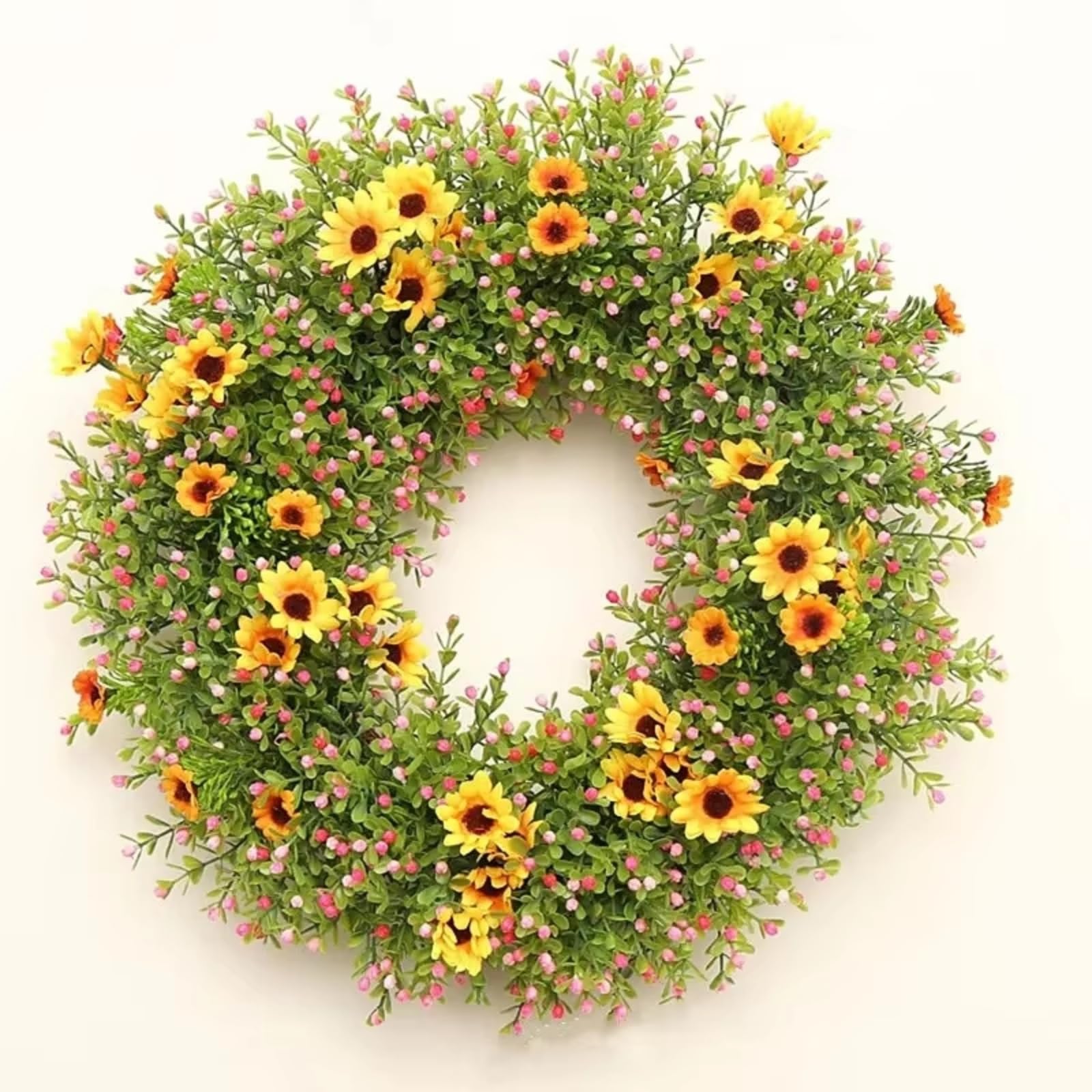 Artificial Spring Summer Wreath 45cm, Yellow Daisy & Pink Berry Front Door Floral Garland for Wall Window Farmhouse Home Decor (45cm,Yellow)