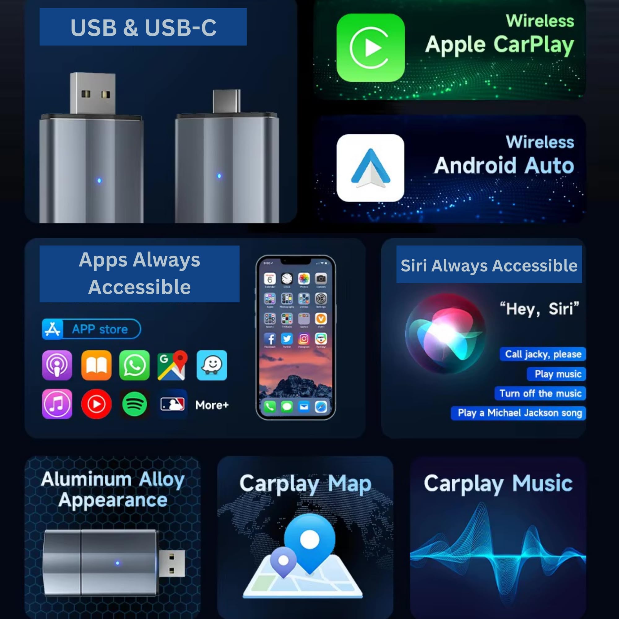 Wireless Car Play Adapter - Convert Wired to Wireless for iPhone & Android | Car Play for Vehicles 2017+ | Bluetooth Connection | Hands-Free Control | Charger with 2.6 ft. Retractable Charging Cord