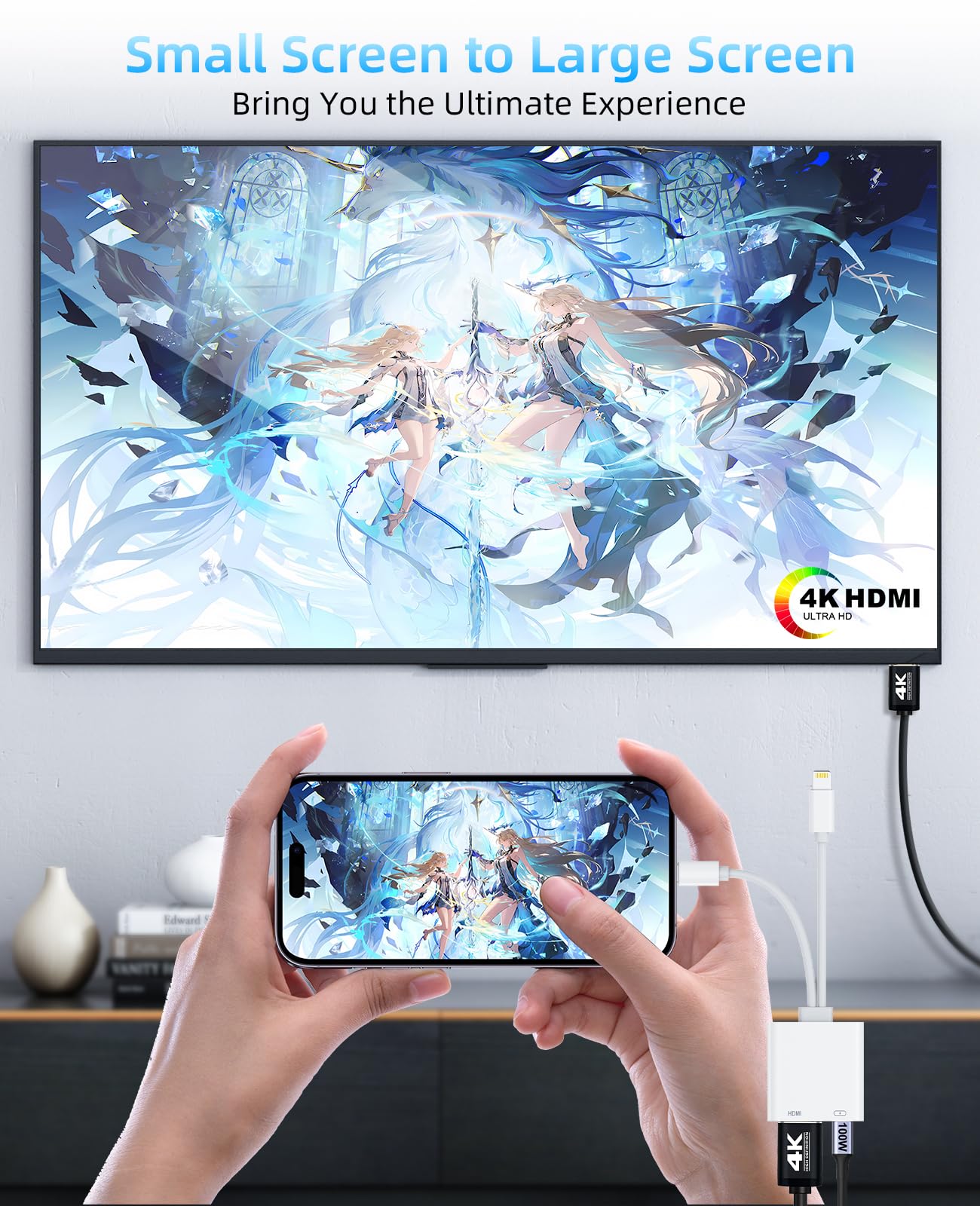 [MFi-zertifiziert] USB-C & Lightning auf HDMI Adapter für iPhone 17/16/15 auf TV/Projektor, 4K @ 60Hz Digital AV Konverter, iPad zu TV Adapter, Apple Lightning auf HDMI für iPad/MacBook/Samsung, 60W
