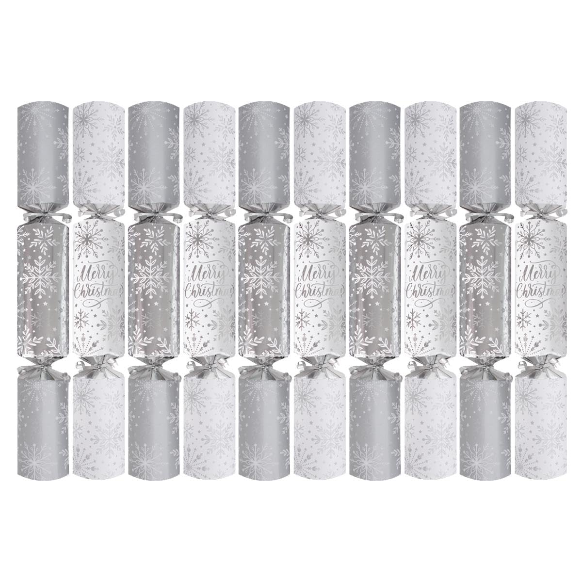 Pack of 10 Silver Snowflake Christmas Crackers - 14" Metallic White Festive Holly Foliage Xmas Holiday Dinner Table Decorations - Novelty Fun Prizes Gifts Contains Hats Jokes Recyclable Gifts