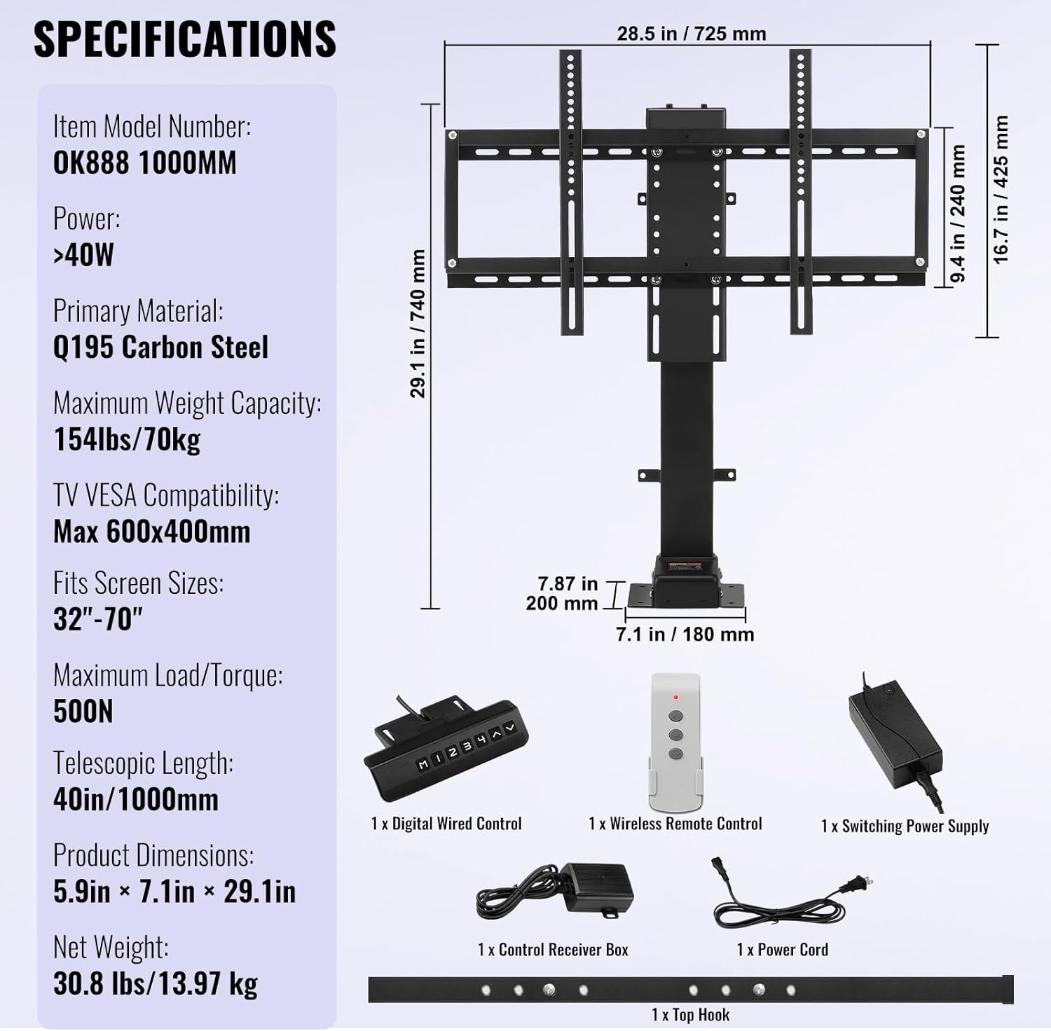 Motorized TV Lift Stroke Length 39.4 Inches Motorized TV Mount Fit for 32-70 Inch TV Lift with Remote Control Height Adjustable 28.74-68.11 Inch,Load Capacity 154 Lbs