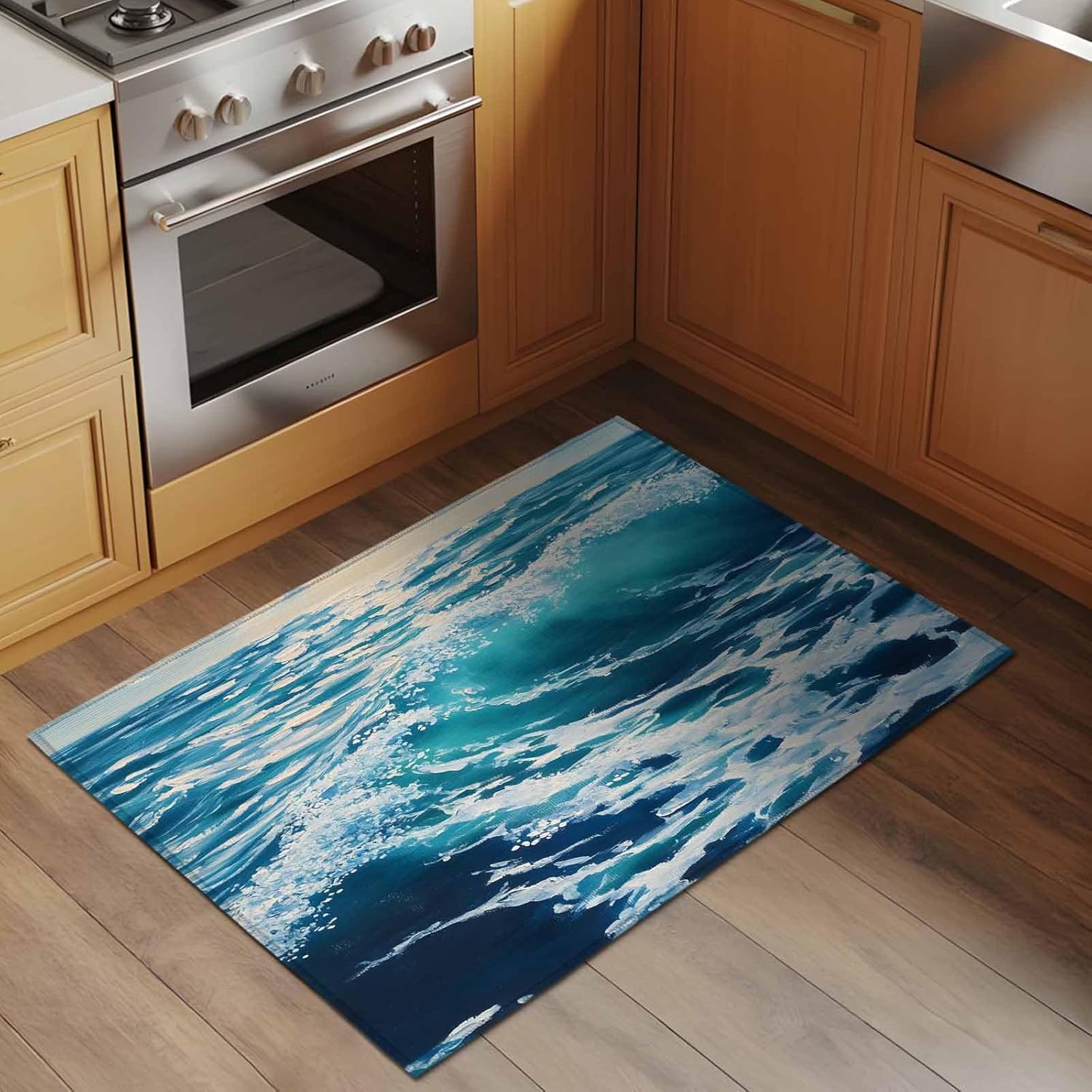 Blue Teal Coastal Bathroom Rug Washable 2x3 Entryway Rug Non Slip Sea Nautical Ocean Summer Beach Front Door Mat Low Pile Indoor Doormat Throw Floor Carpet for Kitchen Bedroom Entrance