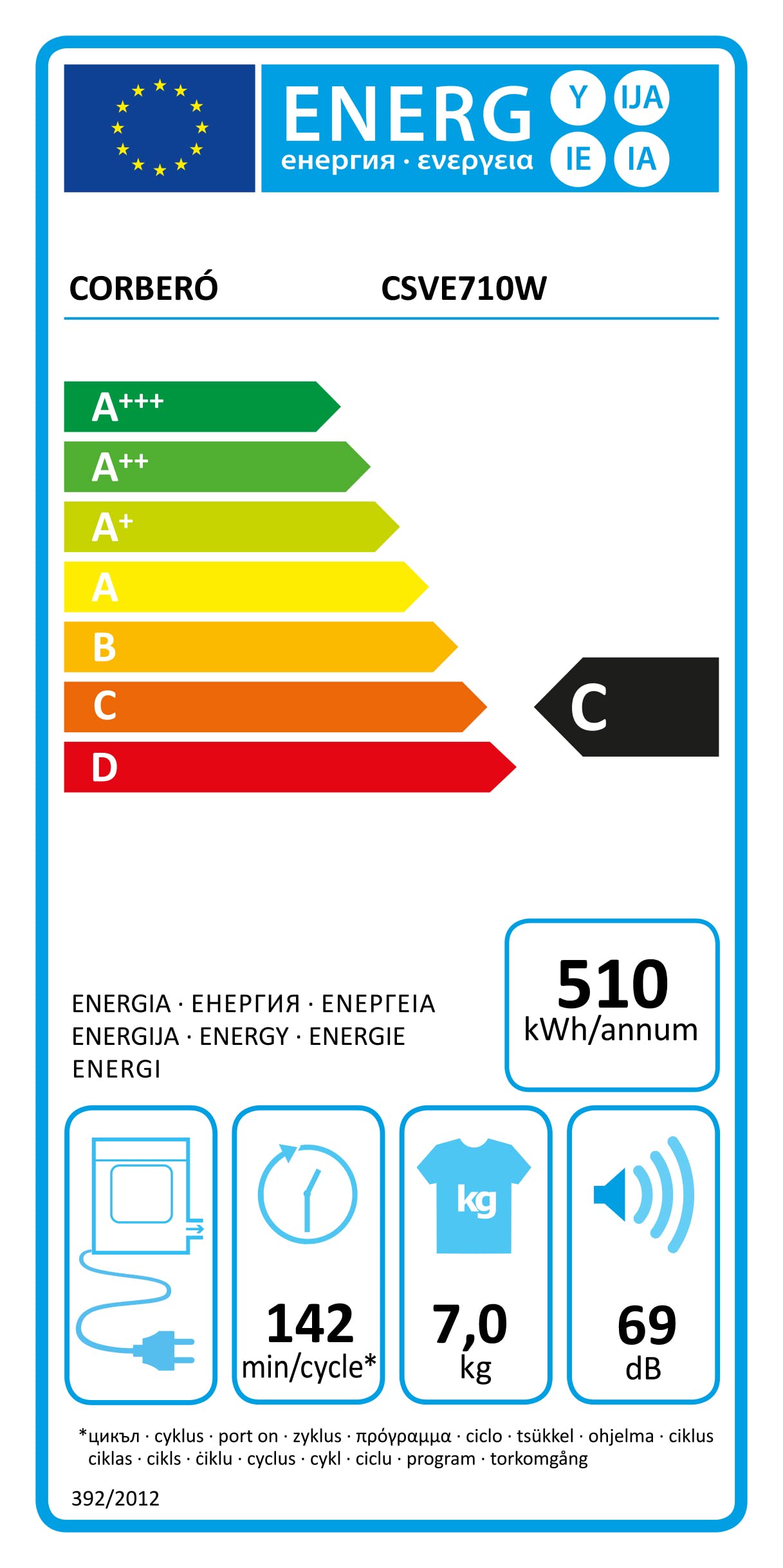 Corberó - Secadora de Evacuación | CSVE710W | 7 Kg | Carga Frontal | Indicadores LED | 4 Programas | Función Antiarrugas | 69 dB | Apertura 180º | Blanco