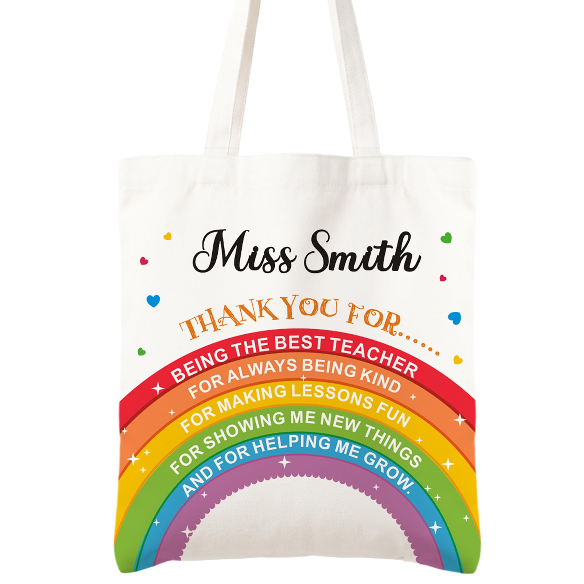 EDSG Personalised Thank You Teacher Gifts, Rainbow Canvas Tote Bag with Any Name, Teacher Appreciation Gifts for Women, Teachers Bag Gift for End of the Year, Best Teachers Gift(Design 1)