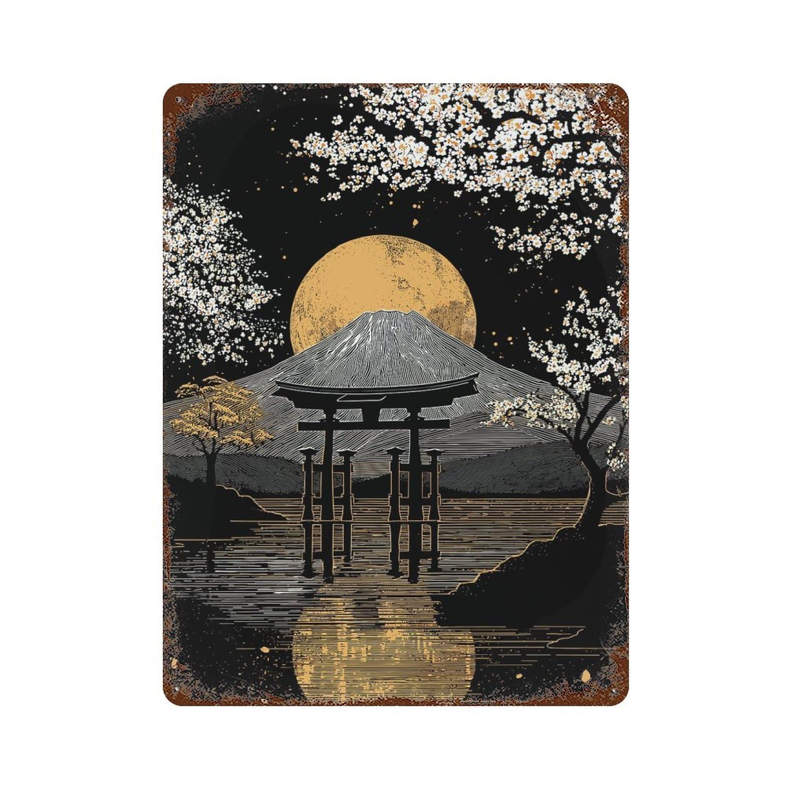 Rust Effect Mount Fuji with Torii Gate And Moon Weathered Tin Sign 15.7"x11.8", Retro Wall Decor for Garage, Bar And Workshop Decor