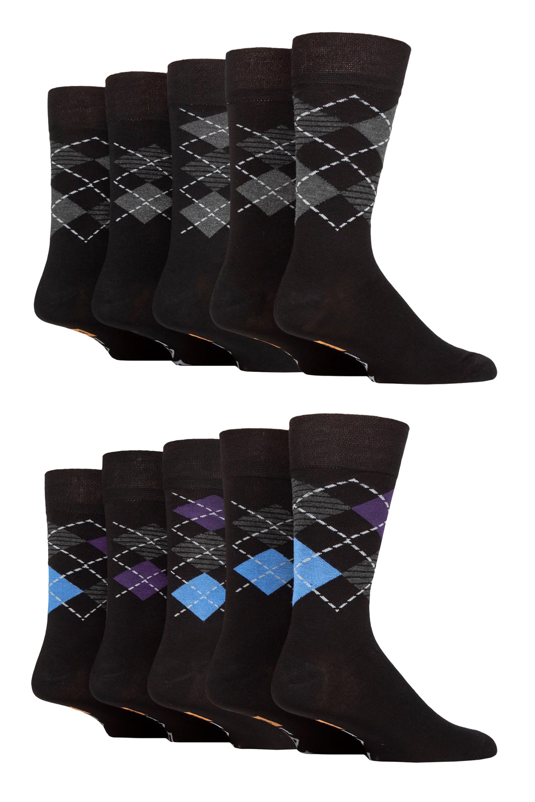 Farah Men's Black Argyle Patterned Bamboo Socks - Plain Classic Colourful Soft Breathable Cooling For Casual Wear Or Suit 10 Pair Multipack Size 6-11