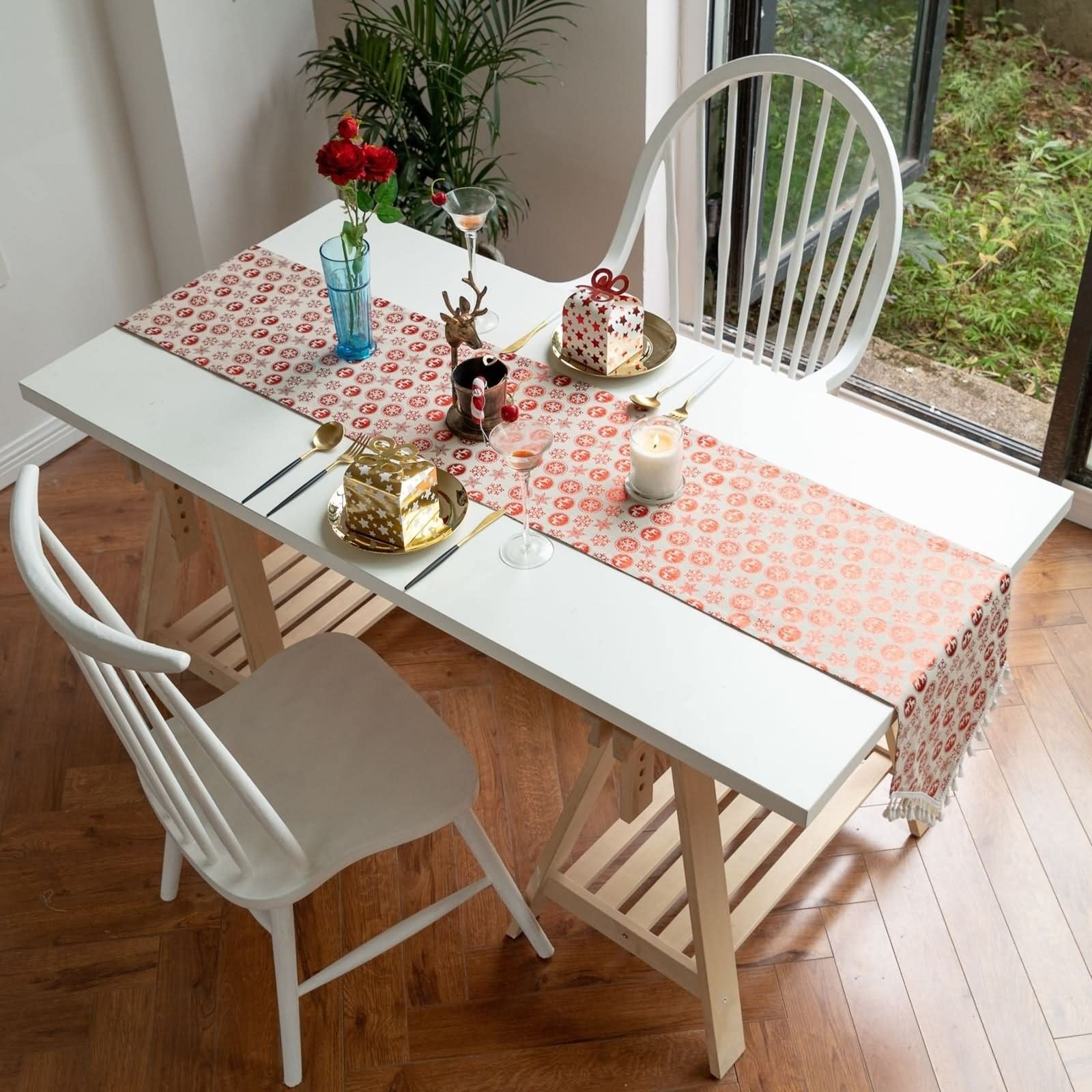 Caminos de Mesa Estampados, Centros Decorativos de Mesa Modernos Borlas con Estampado de Copos de Nieve Navideños Rojo Algodón 33x180CM