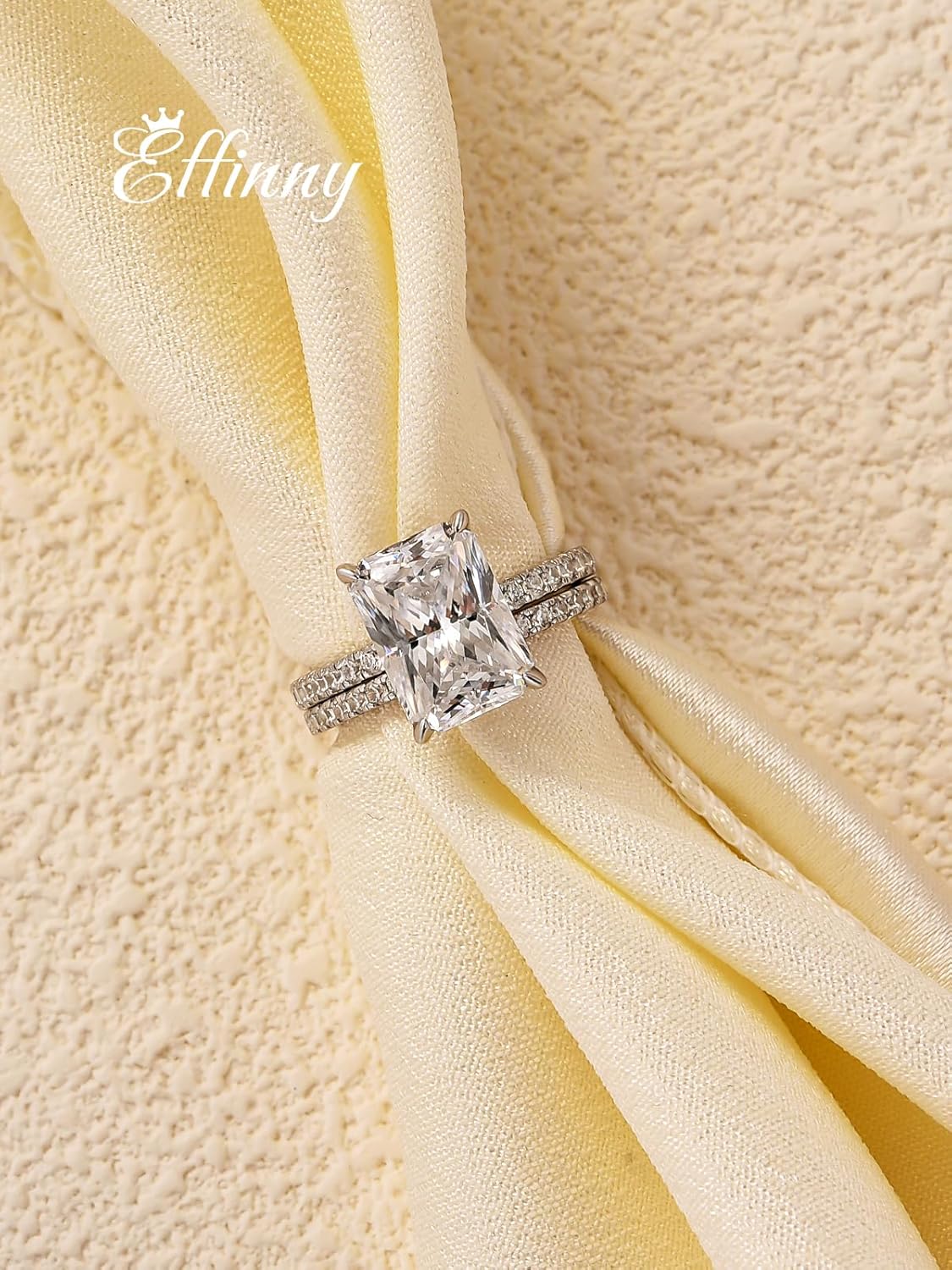 4.0ct Radiant Cut Engagement Ring Set,Rectangle Crushed Ice D Color 14K Gold Plated 925 Sterling Silver Bridal Ring Set with Half Eternity Wedding Band - Image 2