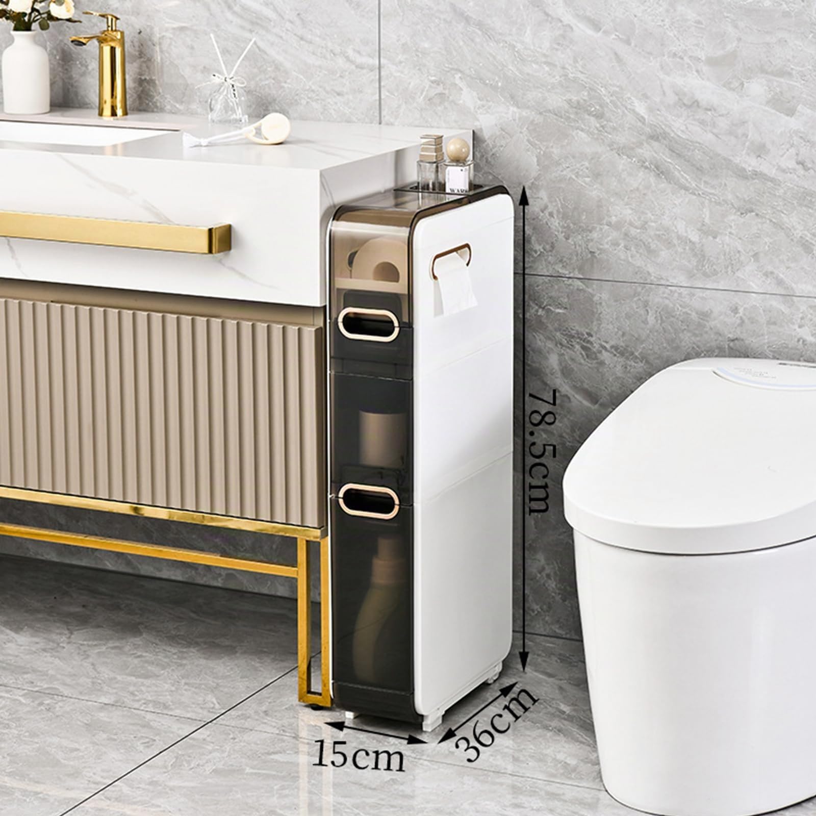 4-Stöckiger Schmales Regal Badezimmer,Schmaler Badezimmerschrank mit Rollen und Schubladen für Enge Räume, Bad, Küche, Waschküche, 15 * 36 * 78,5 cm
