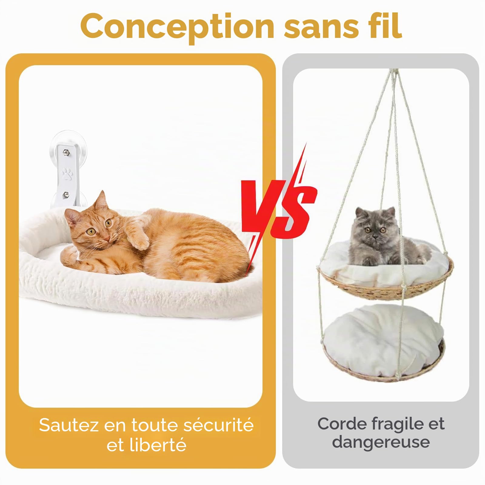Hamac pour chat : hamac stable pour chat avec housse épaisse amovible, lit pliable pour chat avec ventouses stables jusqu'à 18 kg, blanc