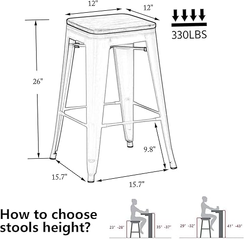 Miniatura 2 de Alunaune Juego de 4 taburetes de bar de metal de 26 pulgadas de altura de mostrador, apilables, industriales, sillas de bar con asiento de madera,