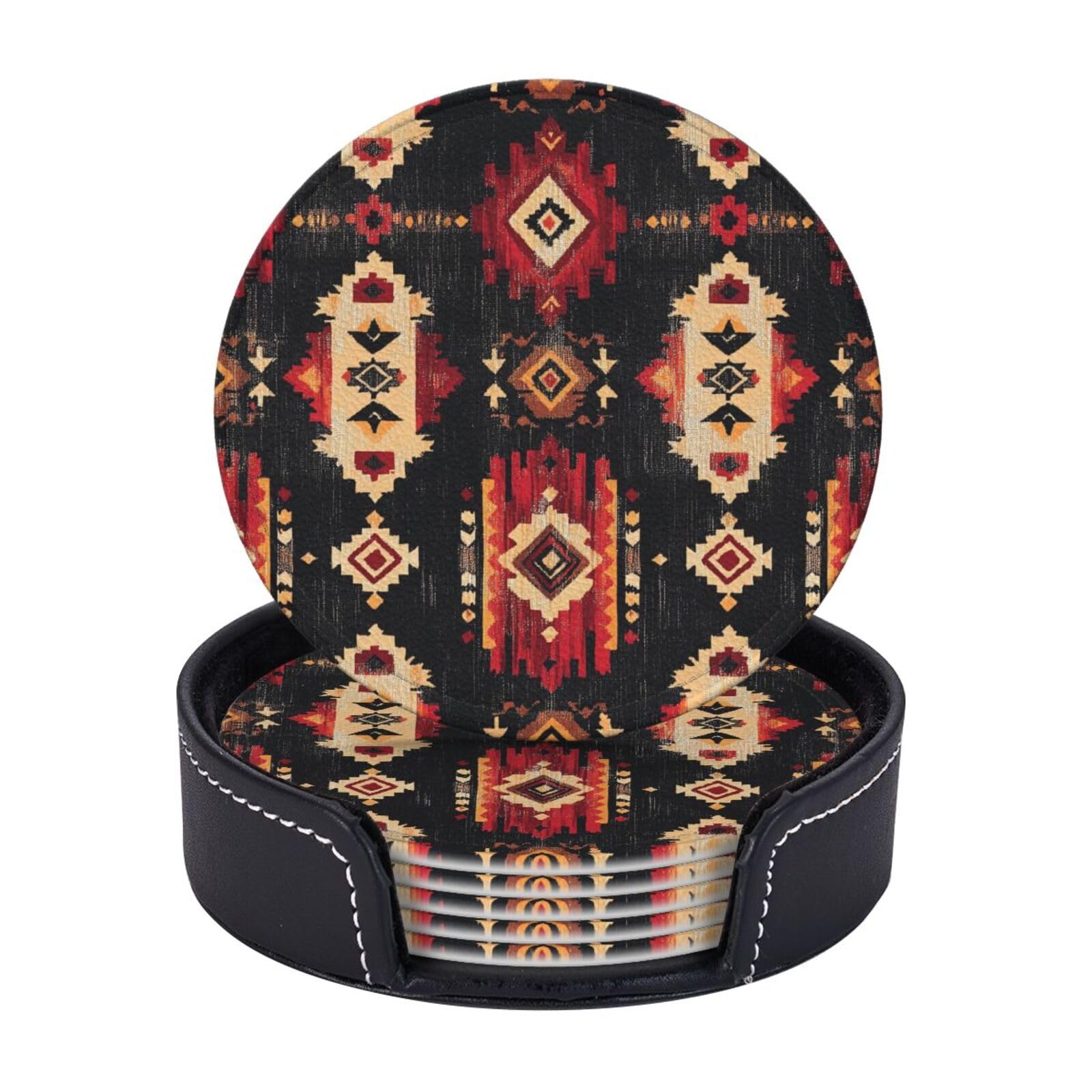 6 Pack Southwest Tribal Leather Coasters for Drinks with Holder Vintage Ethnic Floral Aztec Navajo Coasters Drink Table Cup Mat for Kitchen Dining Cafe Decor Round