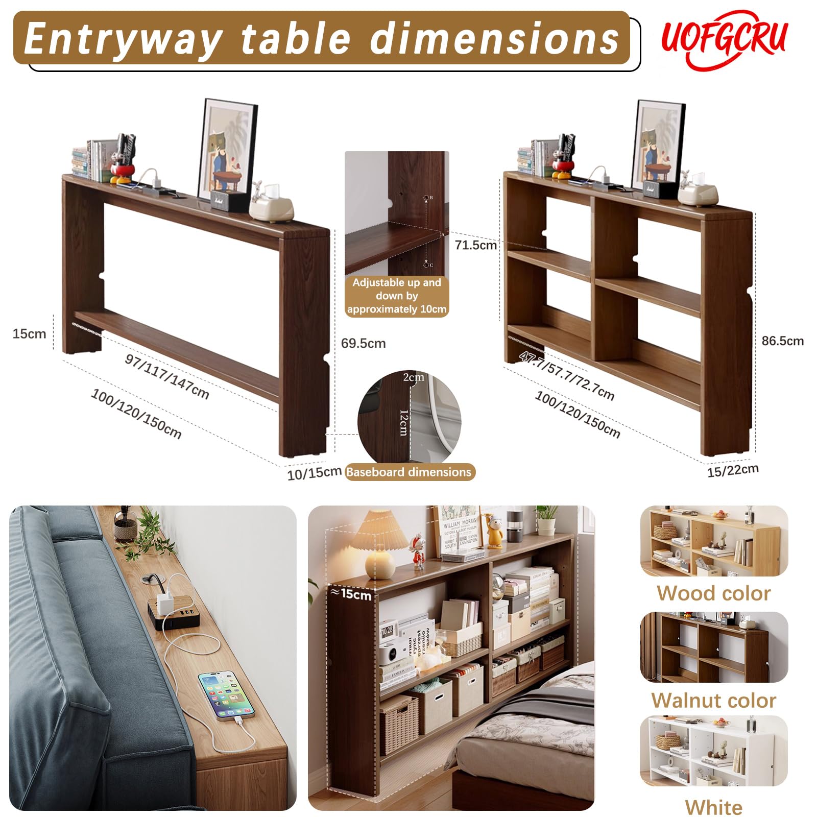 Consolle stretta per divano, in legno massello, mensola Sto per accessori per divani, tavolino a 2 ripiani, per ingresso, corridoio o soggiorno (bianco, 150 x 15 x 69 cm)