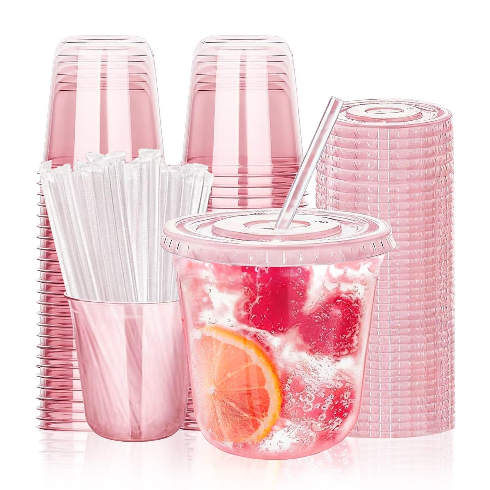 DYUEE 12oz Smoothie Cups with Lids and Straw, 50 Pack Recyclable and Reusable Smoothie Cups, Clear Coffee Cups for Drinks on The Move, Fits Most car Holders（Pink）