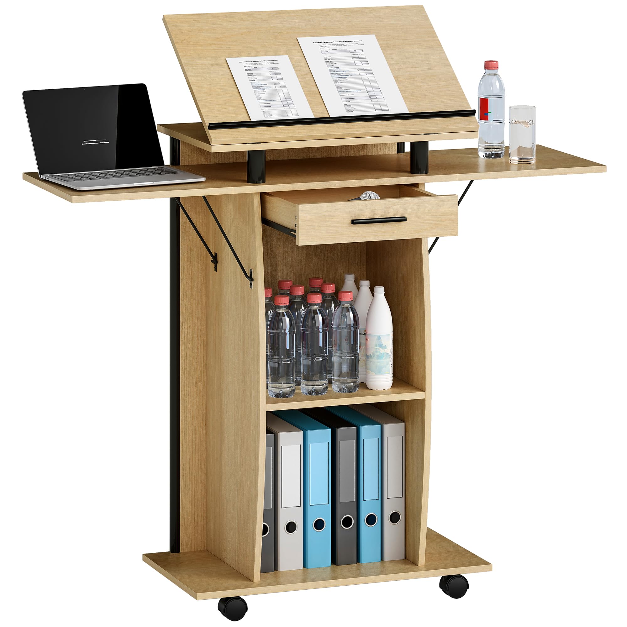HOMCOM Rednerpult Podium mit Rädern, klappbaren Seitenflügeln, neigbarem Laptopständer, Podiumständer mit Schublade, Regal Stehpult für Kirche, Vortrag, Klassenzimmer Eiche 126 x 37 x 136 cm