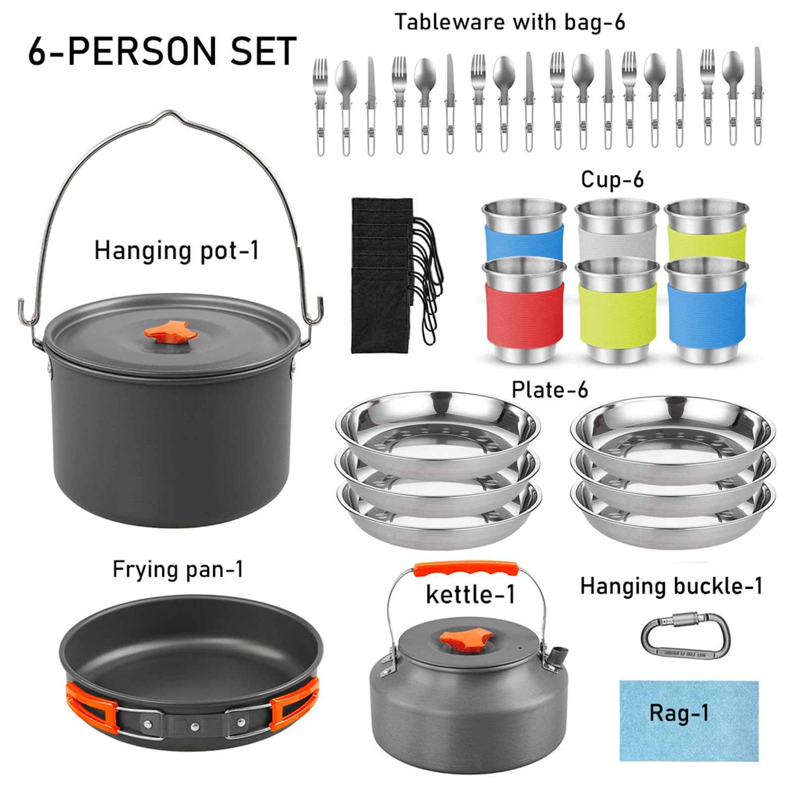 Asixxsix 48pcs Camping Kochgeschirr Set, Tragbare klappbare Nichtkleber Camping Ausrüstung mit Edelstahl Tassen Platten Gabeln Messer Löffel, für Outdoor Backpacking Wandern Picknick