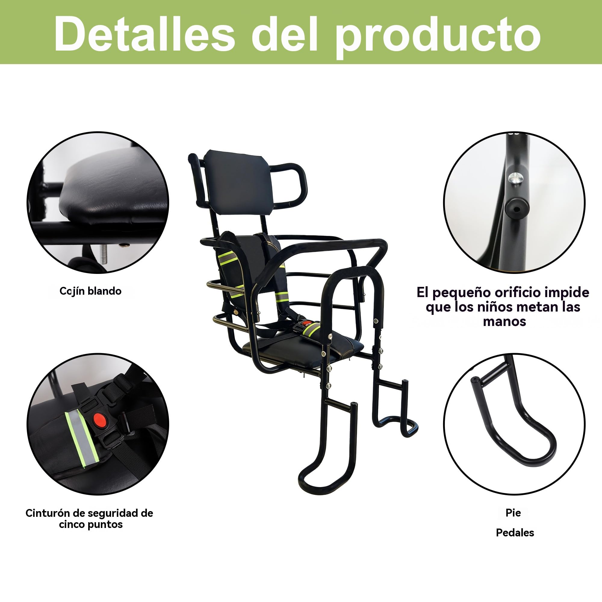 Asiento trasero para niños con reposacabezas ajustable; asiento trasero para bicicleta con reposapiés, respaldo y pasamanos. Silla portaniños para bicicleta, diseñada para edades de 18 meses a 8 años.