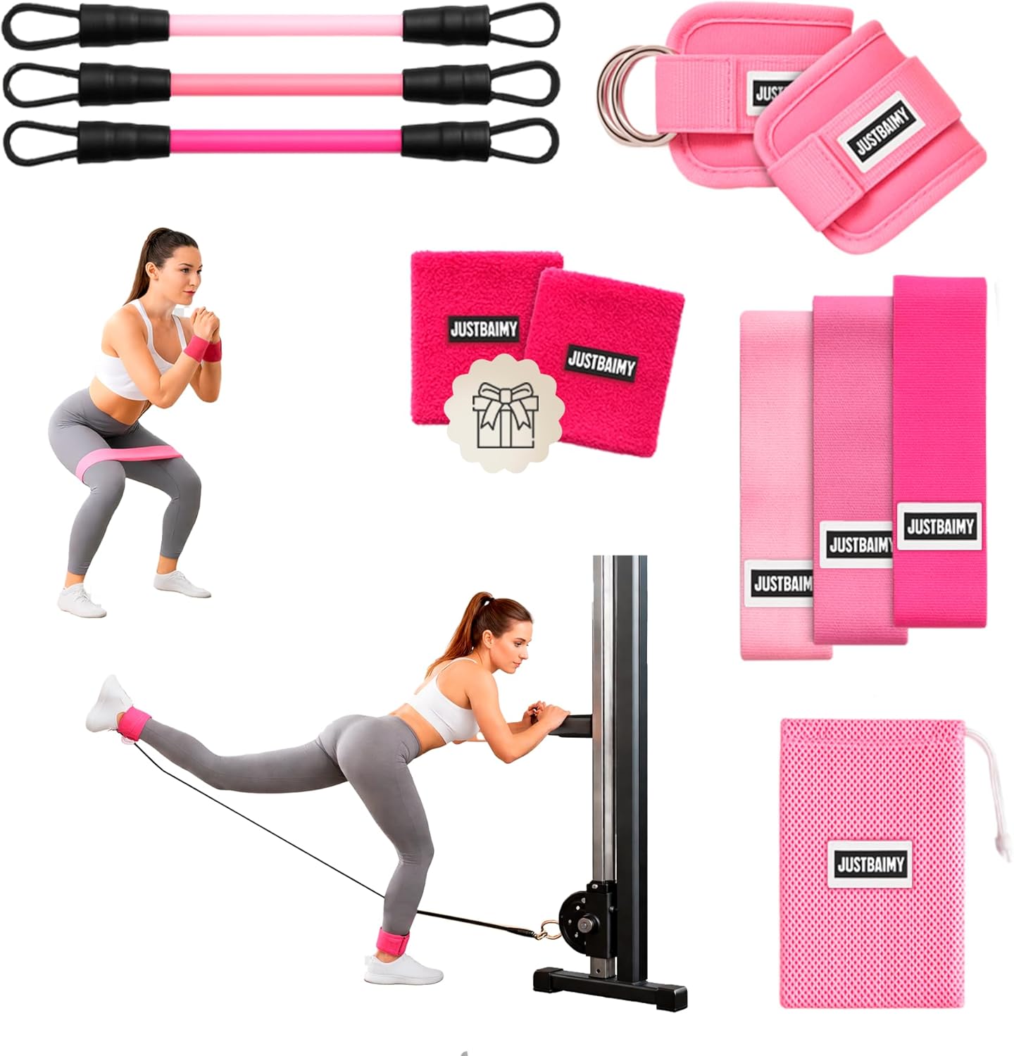 Gomas Elásticas Musculación – Set Bandas Elásticas y Tobilleras Poleas Gym – Kit Ejercicio en Casa – Incluye Bandas de Resistencia 3 Niveles, Cables de Resistencia, Muñequeras, Bolsa y QR Ejercicios