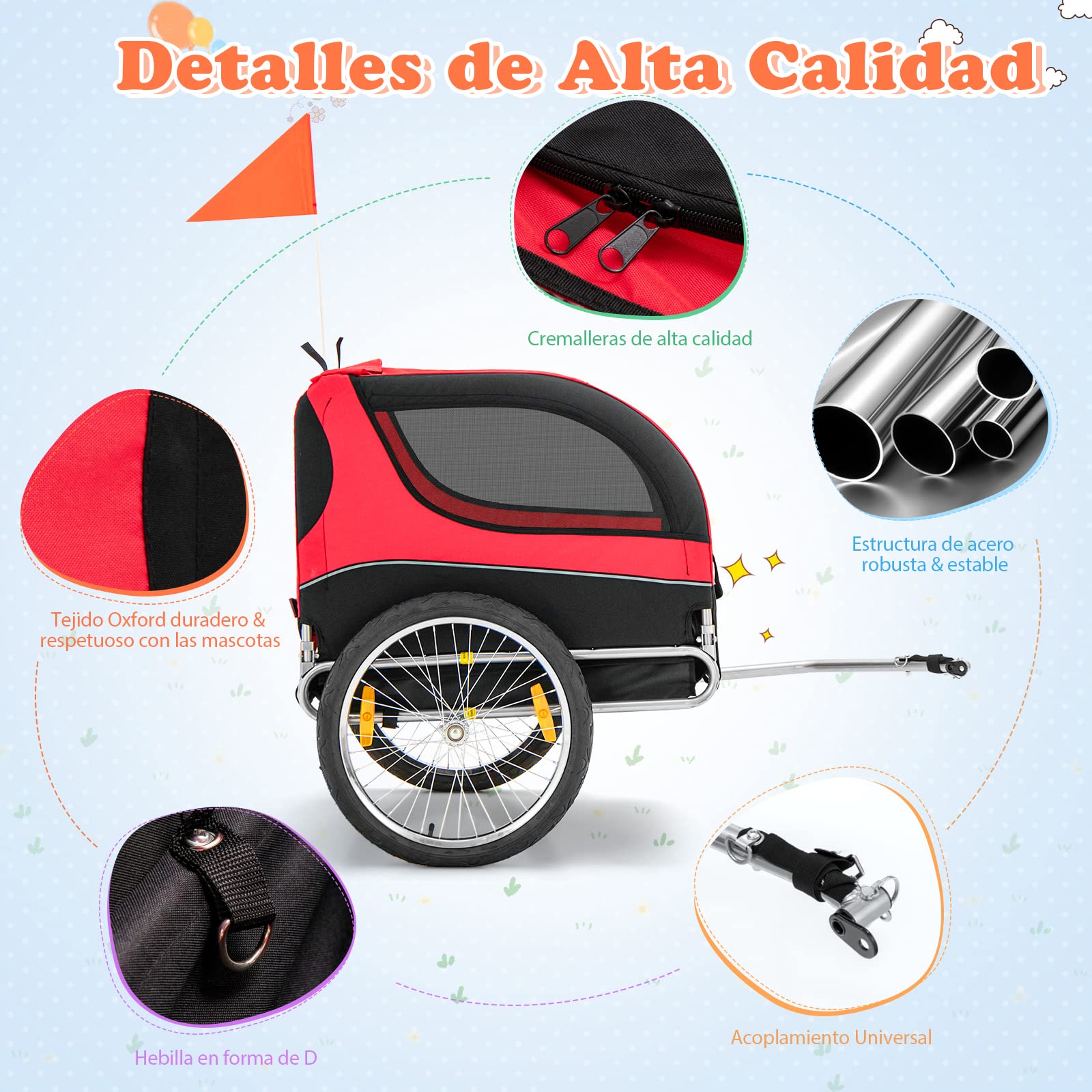 COSTWAY Remolque de Bicicleta para Mascotas, Remolque Bicicleta Perros Pequeños y Medianos con Ruedas, Transportador de 2 Puertas con Techo Solar, Capacidad 40 kg, 60,5 x 135 x 95 cm