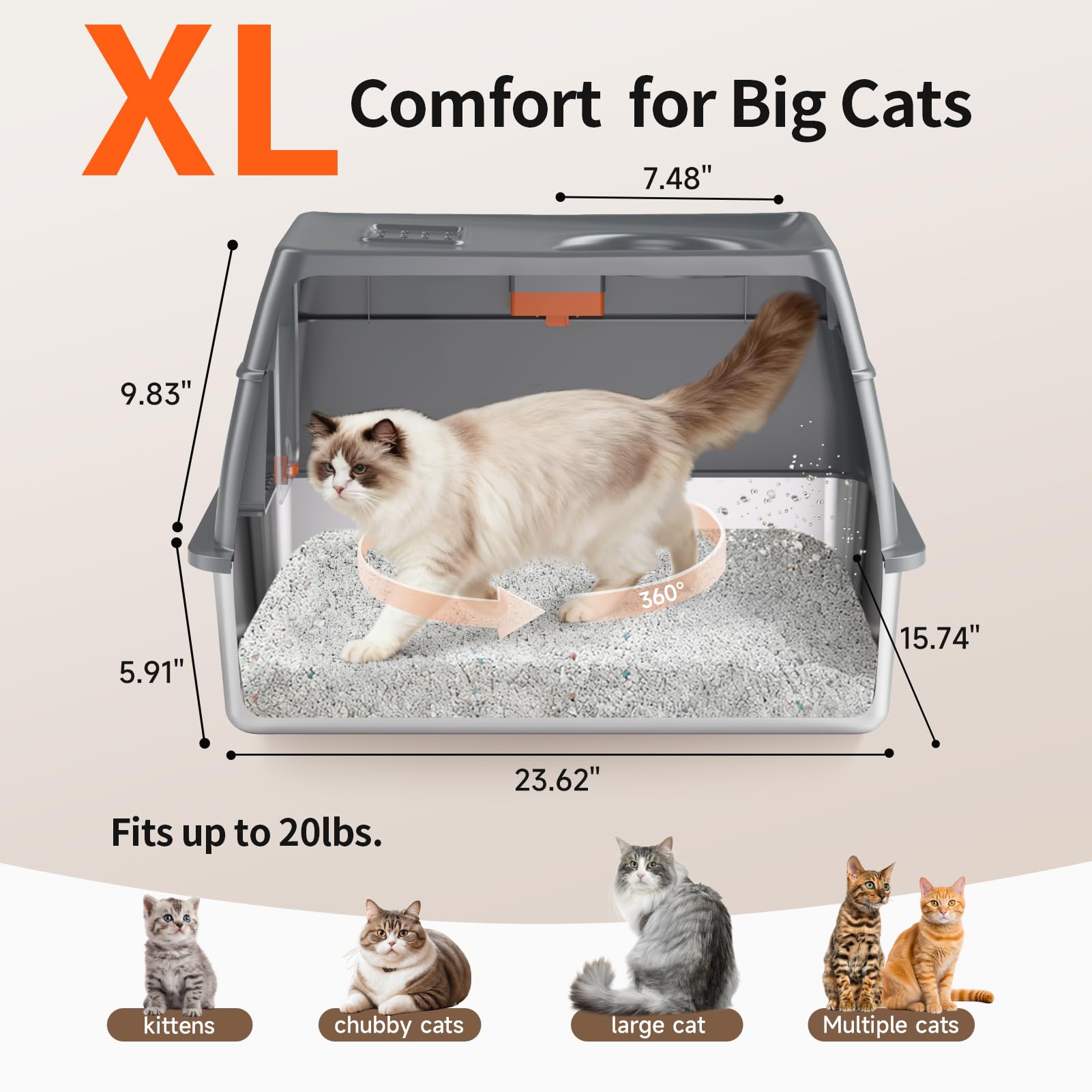 Tevila Extra Large Stainless Steel Litter Box with Lid, High Sided Enclosed Metal Cat Litter Pan, Dog Proof Front Entry Top Exit, Odor Control Easy Clean Leak Proof, Includes Mat, Scoop & Step, Grey - image 4