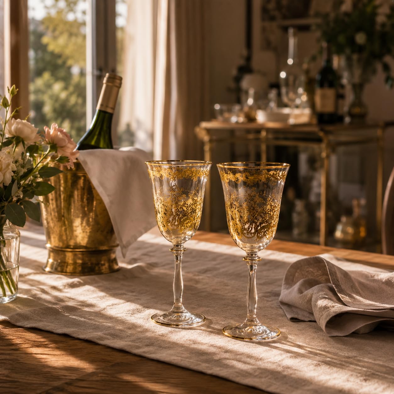 Weingläser, 2er weinglas set aus Kristallglas mit 24 Karat Goldrand, Handbemalt, Luxuriös Geschenk, 250ml, Kollektion Melody