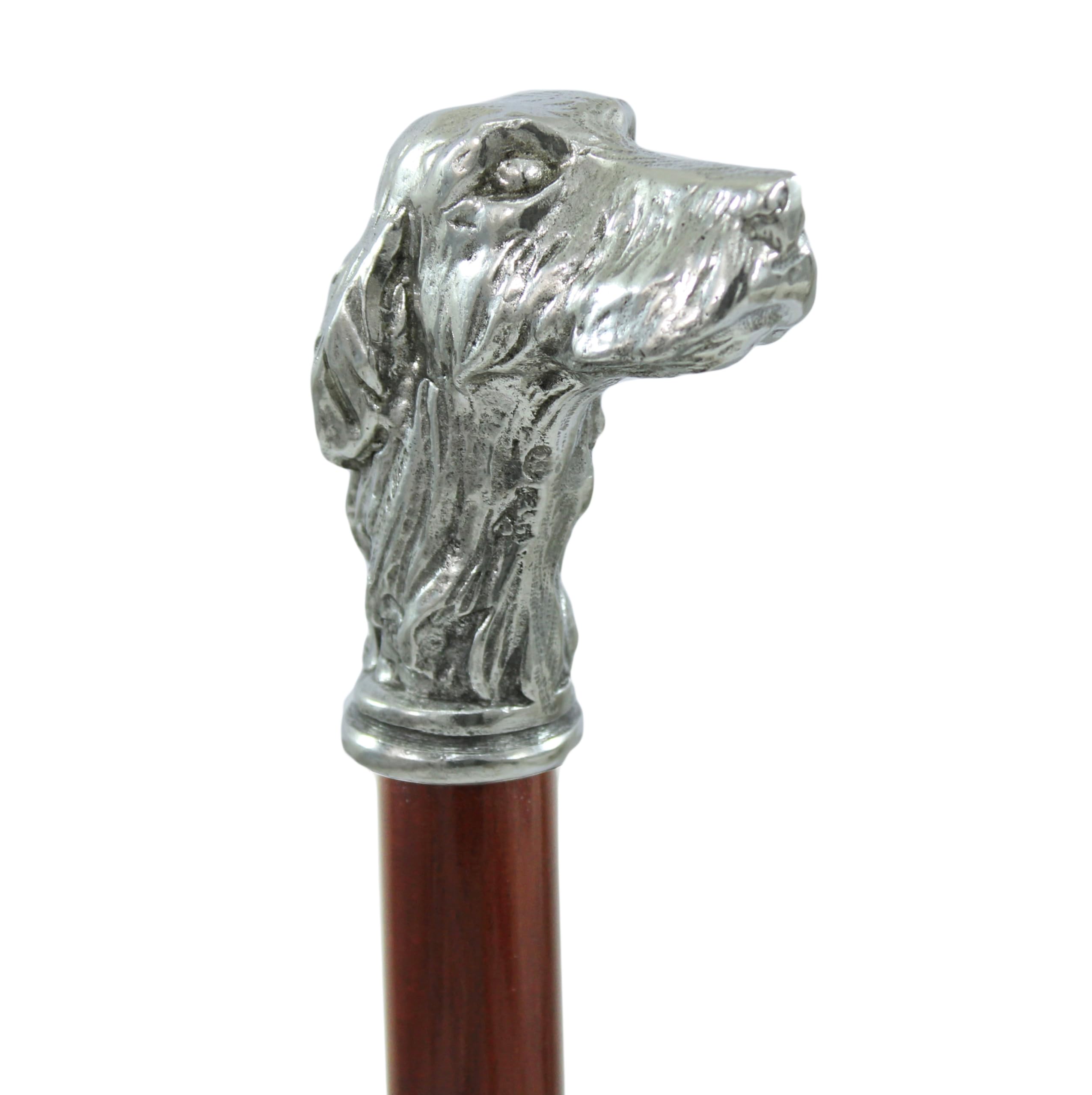 Bastone da Passeggio di Lusso Testa Cane Setter CAVAGNINI, Manico in Peltro Lavorato a Mano, Asta in Legno Pregiato, Artigianale Made in Italy, Adatto ad Anziani, Perfetto per Cerimonia.