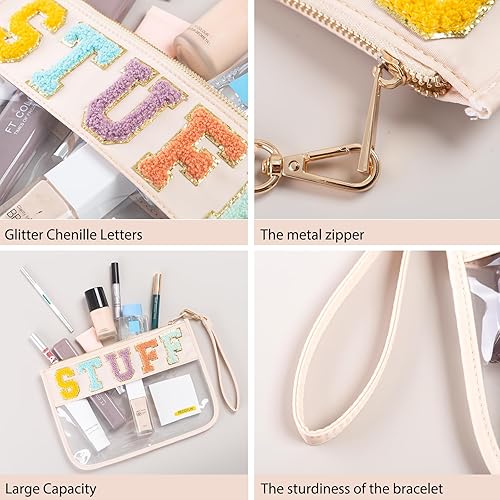 Miniatura 3 de HANAMO Bolsa transparente de felpilla con monograma transparente para estadio, bolsa de parche de viaje con letras de chenilla, bolsa de parche de