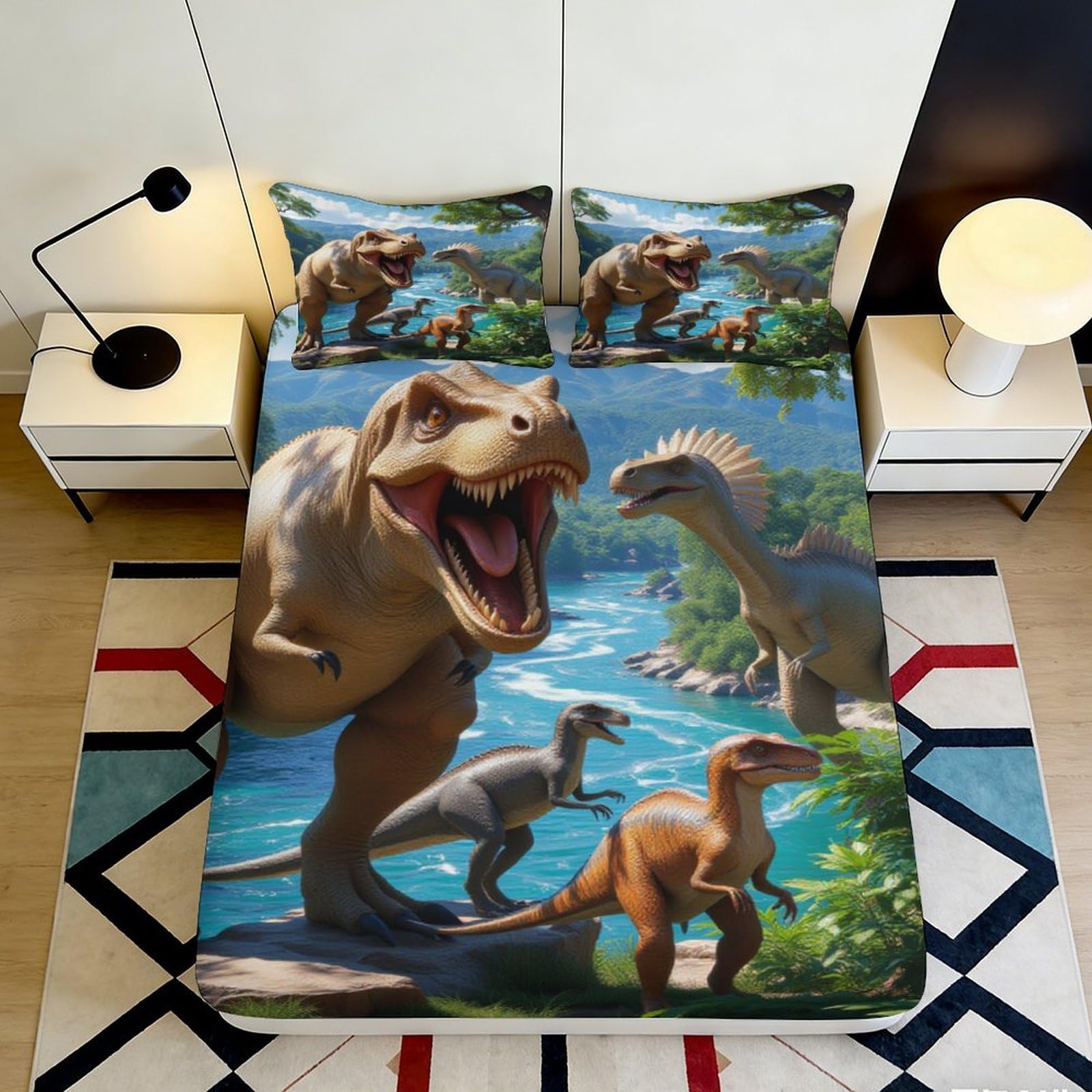 3D Printed Dinosaur Fitted Sheet Microfiber Soft Breathable Jurassic Bed Cover with 3D Printed Dinosaur Scene Mattress Cover for Bedroom Dorm Dormitory Guest Room 120x200x25cm