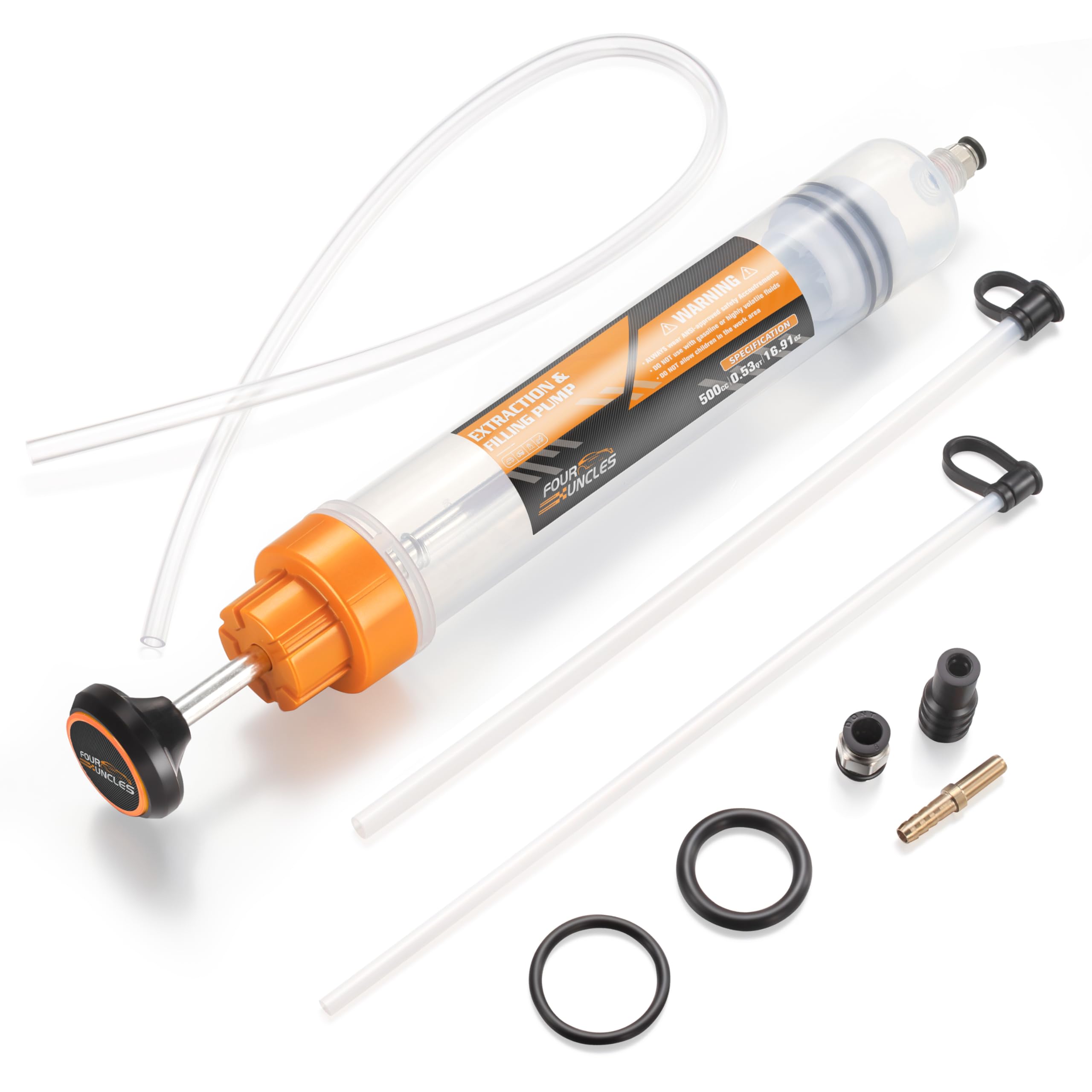 FOUR UNCLES 500cc Fluid Extractor & Fill Pump for Automotive Use - Oil Pump with a 28" Hose & Two 12" Extension Tubes for Easy Oil Change