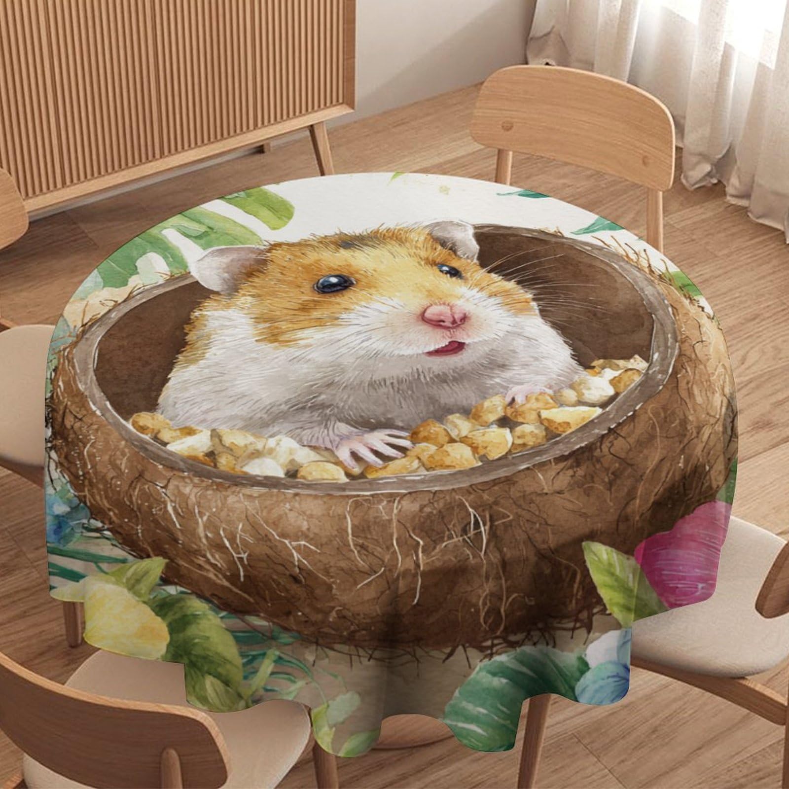 LUYYSKY Beautiful Funny Cute Hamster Waterproof Round Tablecloth Colorful Realistic Palm Leaves Animals Hamster Flowers Washable Table Cover for Kitchen-127 Wx127 L cm