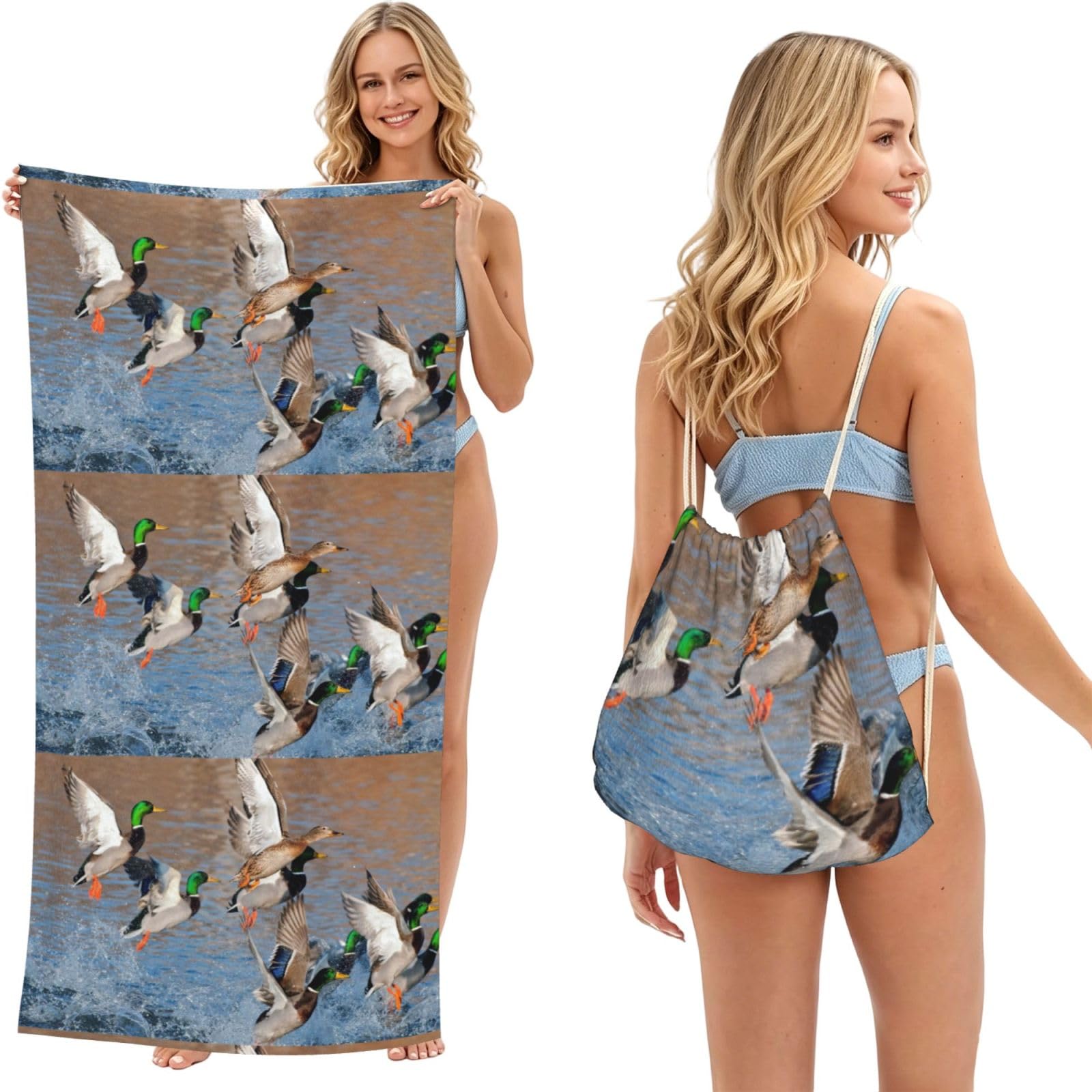 Poadnly As Picture Ducks Hunting, 2 In 1 Packable Towel Bag, Beach Towels With Drawstring Backpack For Travel Holiday Camping