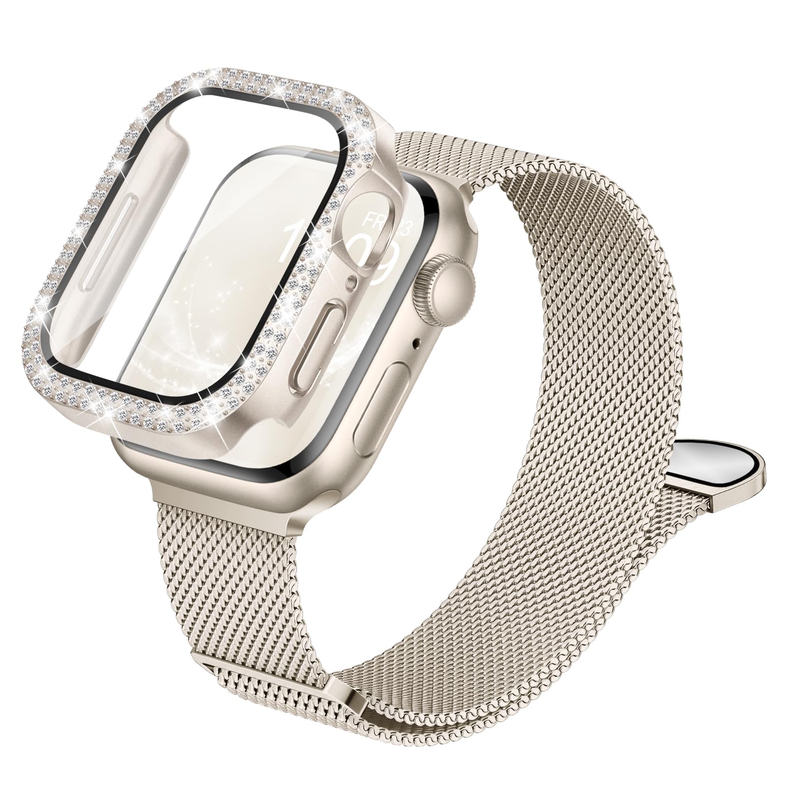 Compatible for Apple Watch Straps and Case Women, Magnetic Milanese Band and Double Row Diamond Screen Protector, Luxury & Versatile, Solve Boring Outfits, Eye-Catching for Work & Date — view 10