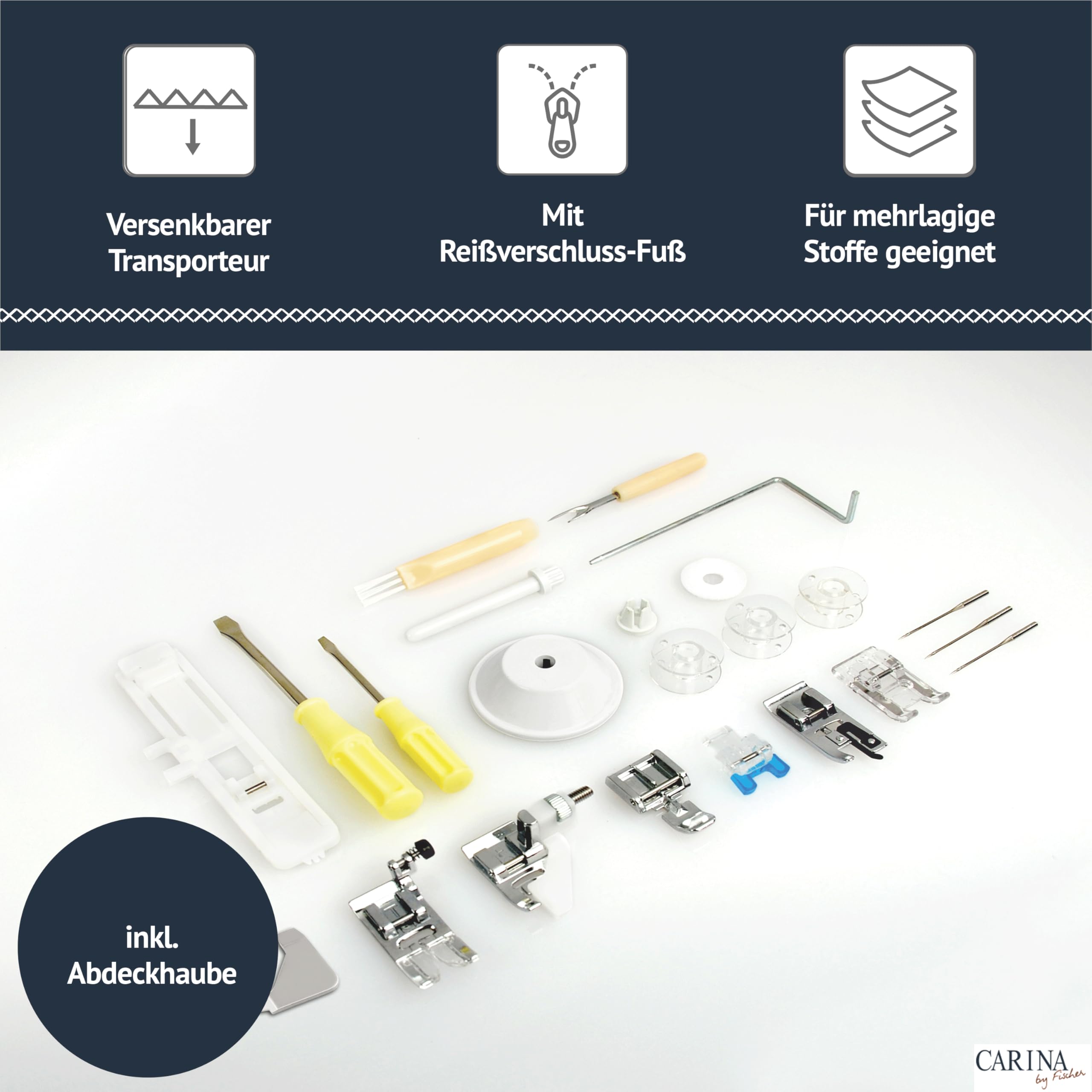 CARINA Nähmaschine Comfort I 40 Stichprogramme I Einfädelhilfe I Auto-Fadenspannung & Fadenabschneider I Einstellbare Stichlänge & Stichbreite I LED-Nählicht I mit Vernähtaste & Nadelstopp (weiß-rot)