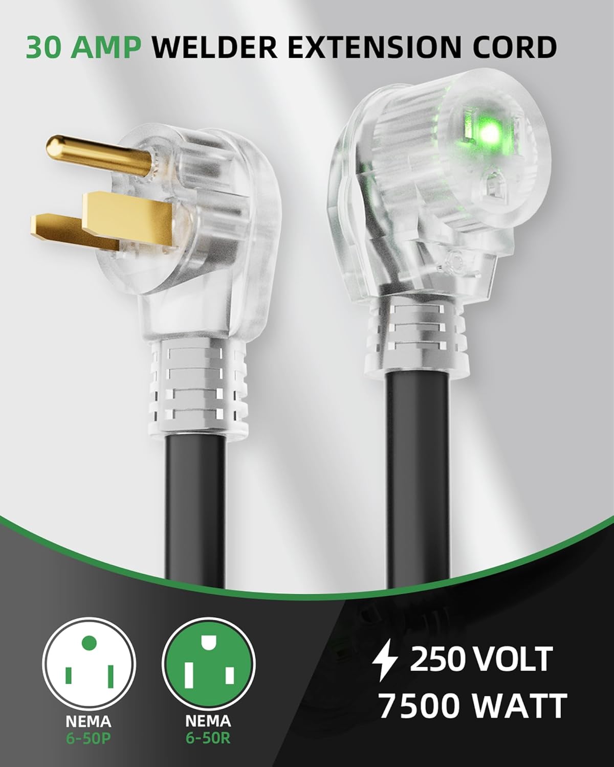 50ft 250V Welder Extension Cord, 10 Gauge Heavy Duty Outdoor Welding Cord with LED Indicator, NEMA 6-50P to 6-50R, 30 Amp 3 Prong Power Extension for Welding Machines, 10 AWG SJTW, Black