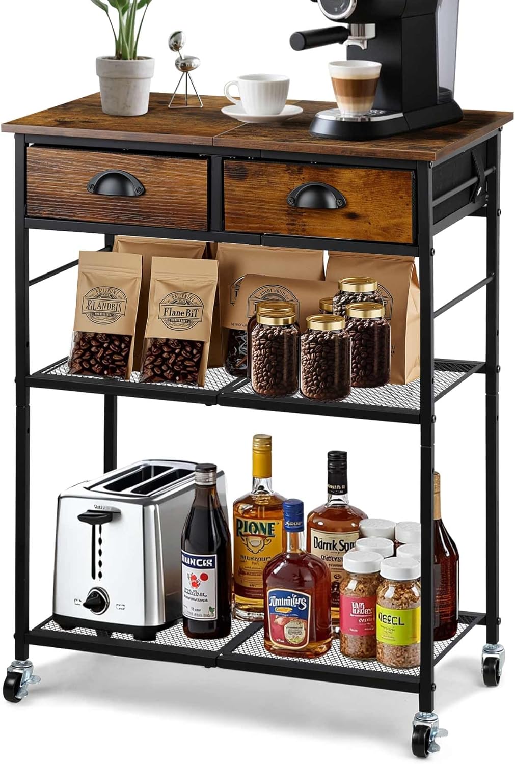 Rolling Coffee Cart with Storage Drawers, Small Coffee Bar Cabinet with Adjustable Shelf and Wheels, Retro Industrial Buffet Sideboard Cabinet for Kitchen, Office, Rustic Brown