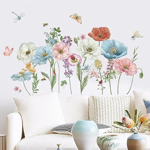 wondever Calcomanías de pared florales de amapola de acuarela flores de jardín mariposa despegar y pegar calcomanías de arte de pared para