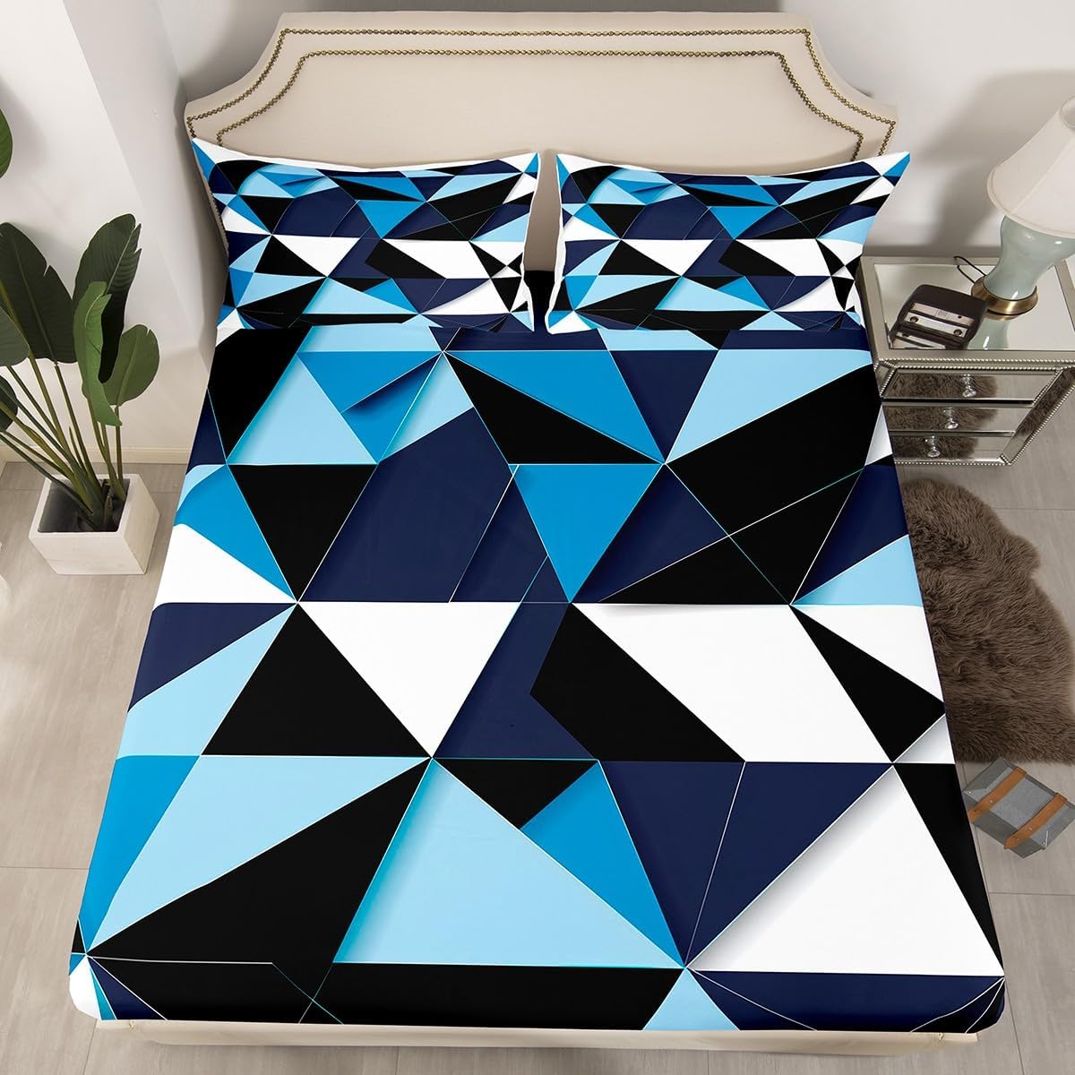 Geometric Fitted Sheet Full 3 Pcs,Blue Black White Bedding Set for Kids Boys Teens Men Room Decor,Abstract Irregular Art Bed Sheet (No Top Sheet), Deep Pocket Sheett,2 Pillowcases