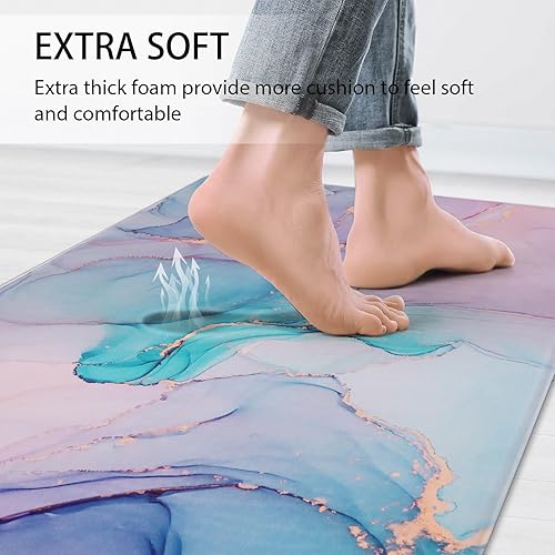 Miniatura 4 de Tapetes de cocina para piso, 2 piezas, antifatiga, tapete de cocina de mármol morado, impermeable, antideslizante, tapete de espuma viscoelástica