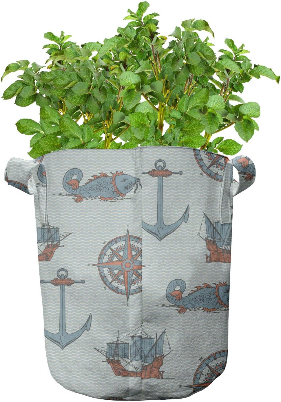 Ambesonne Nautical Grow Bags 5-Pack, Anchor Windrose Fish Ships, Heavyduty Fabric Pots with Handles for Plants, 7 Gallon, Blue Multicolor